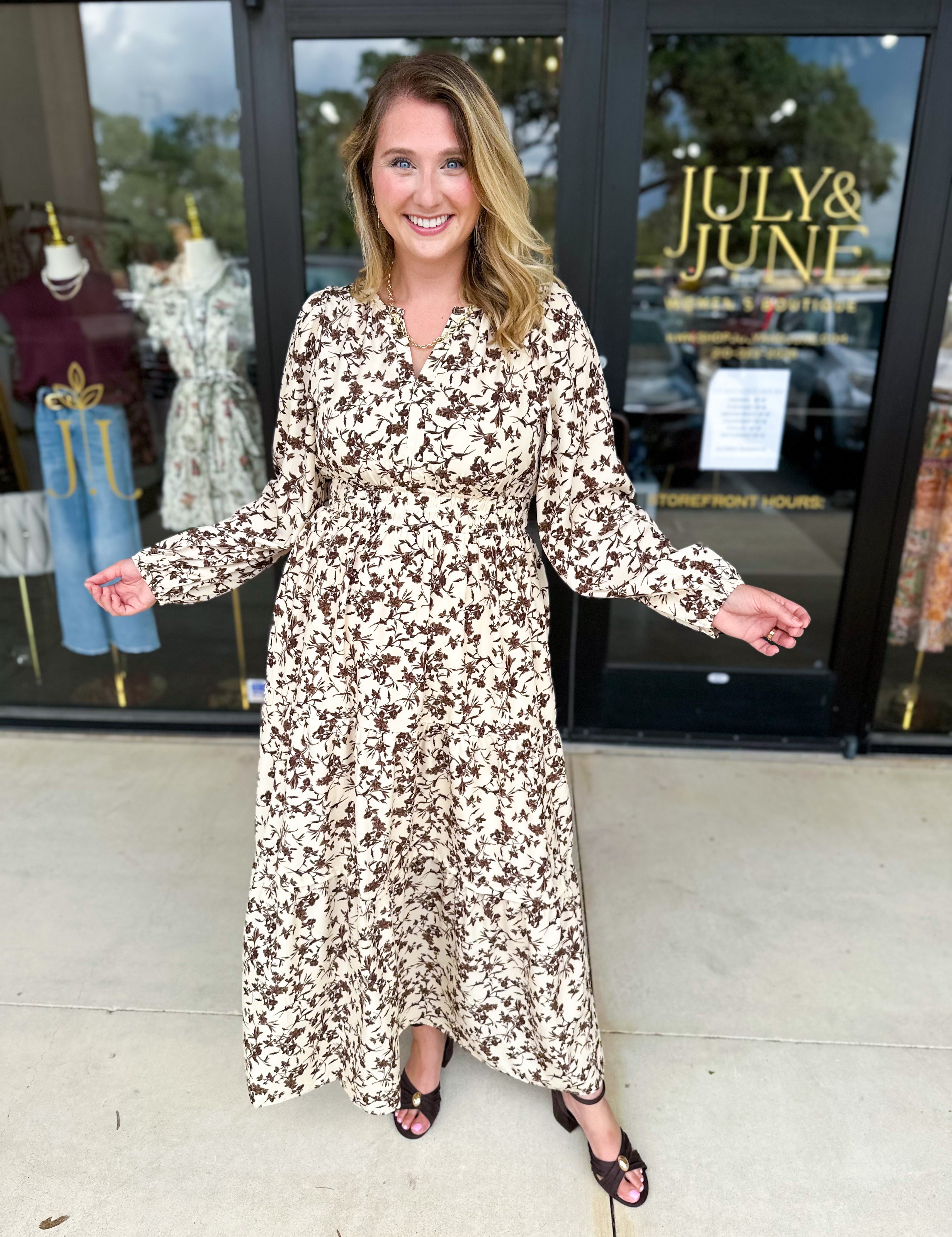 Fall Days Floral Midi Dress-500 Midi-POLOGRAM-July & June Women's Fashion Boutique Located in San Antonio, Texas