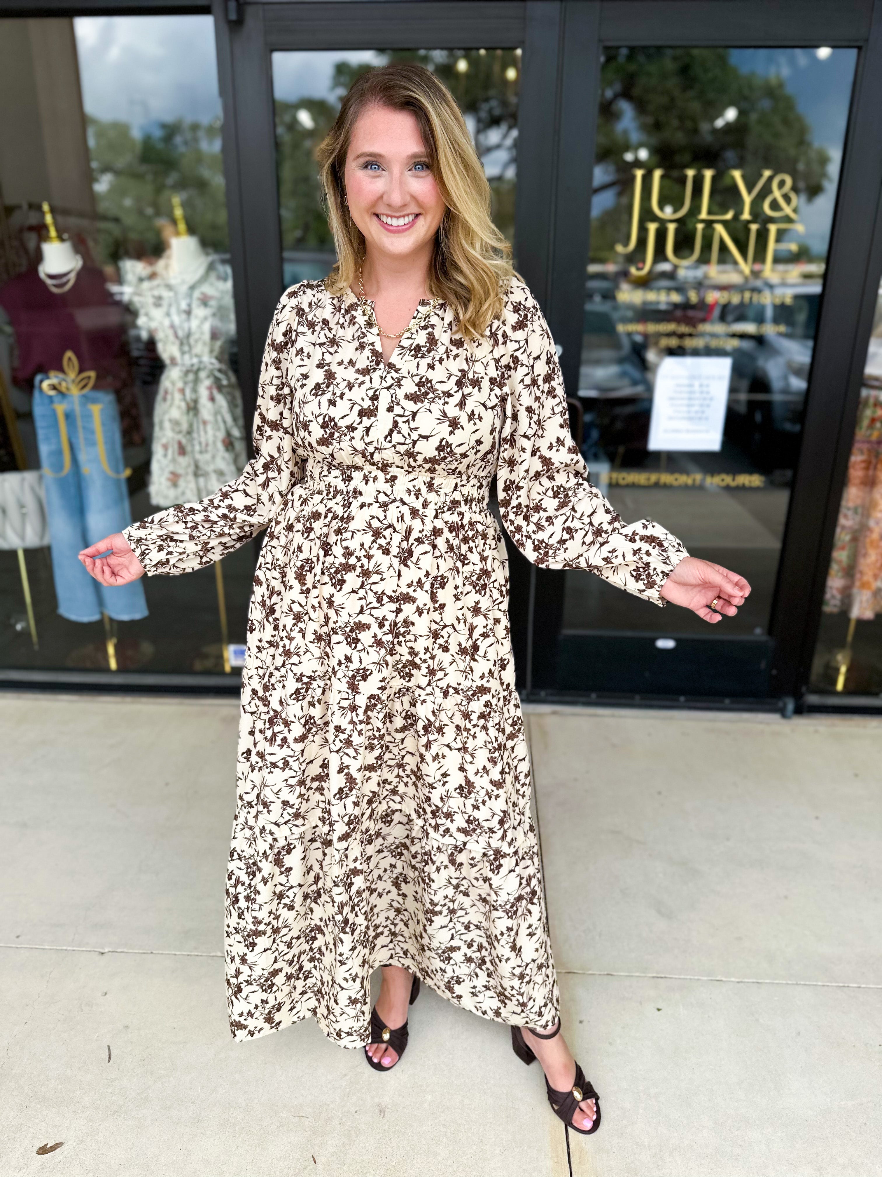 Fall Days Floral Midi Dress-500 Midi-POLOGRAM-July & June Women's Fashion Boutique Located in San Antonio, Texas