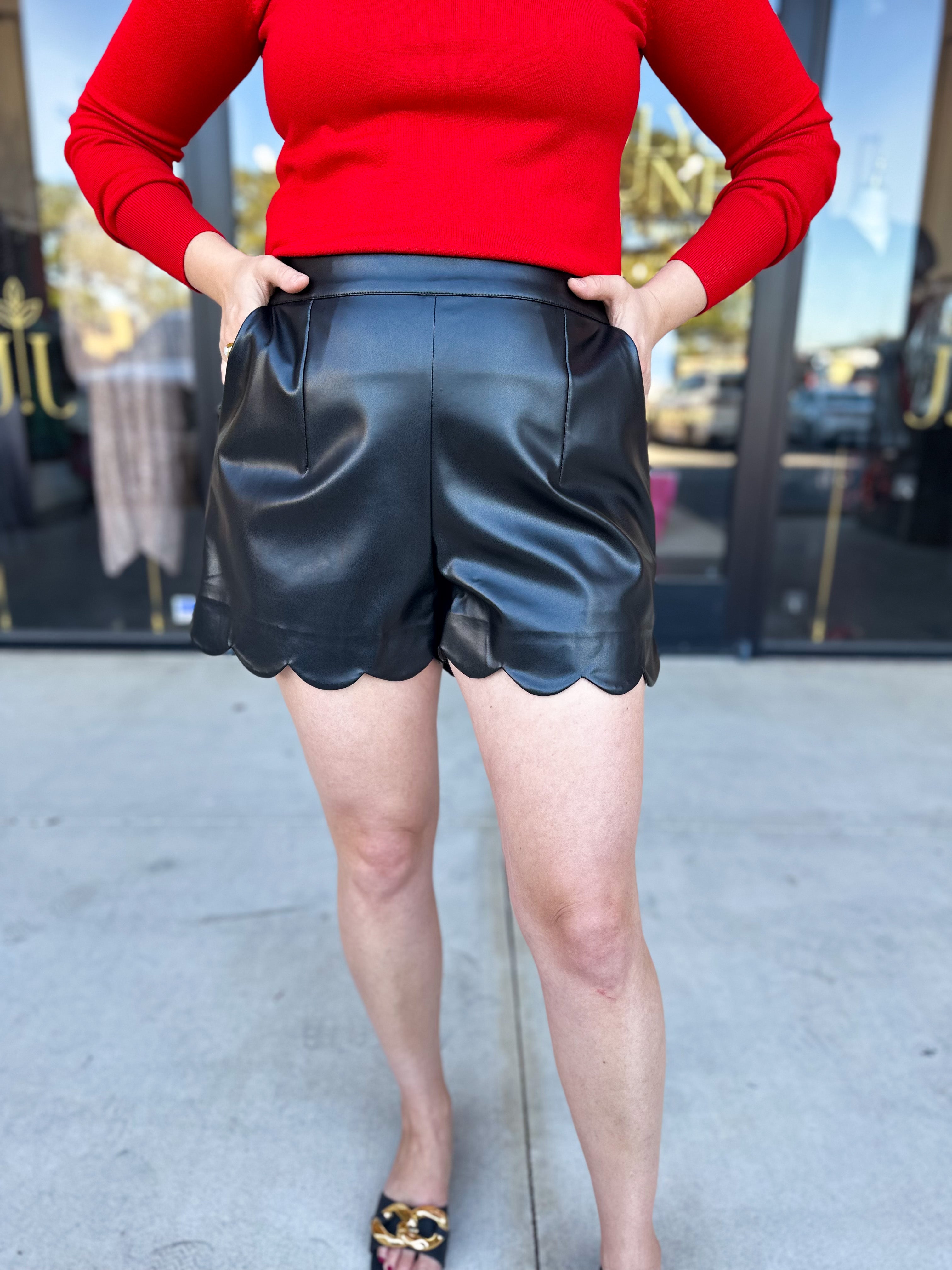 Scalloped Black Faux Leather Shorts-410 Shorts/Skirts-JODIFL-July & June Women's Fashion Boutique Located in San Antonio, Texas