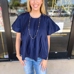 Navy Flutter Blouse-200 Fashion Blouses-PINCH-July & June Women's Fashion Boutique Located in San Antonio, Texas
