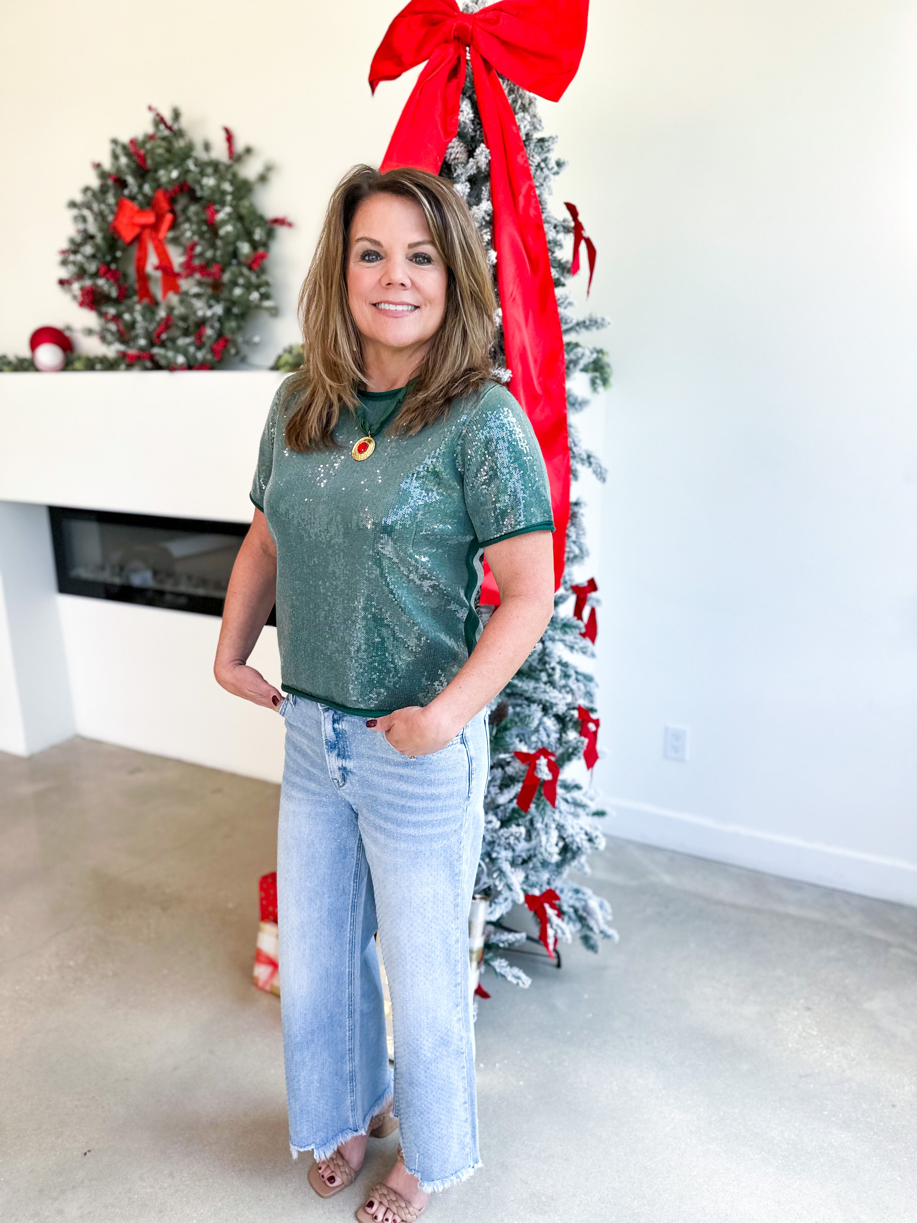 Holiday Party Sweater Top - Hunter Green-200 Fashion Blouses-JODIFL-July & June Women's Fashion Boutique Located in San Antonio, Texas