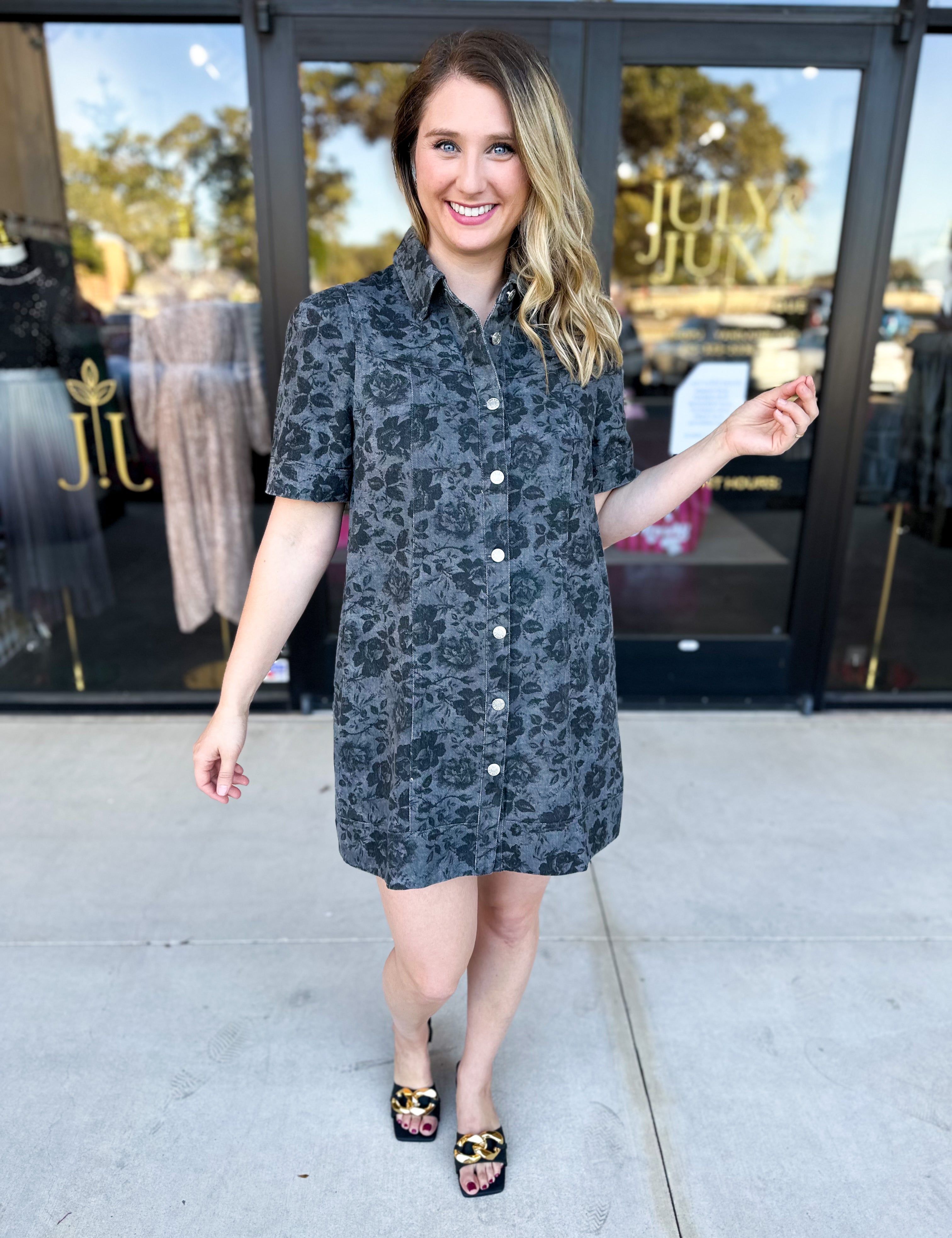 The Rosie Denim Mini Dress - Charcoal-510 Mini-ENTRO-July & June Women's Fashion Boutique Located in San Antonio, Texas