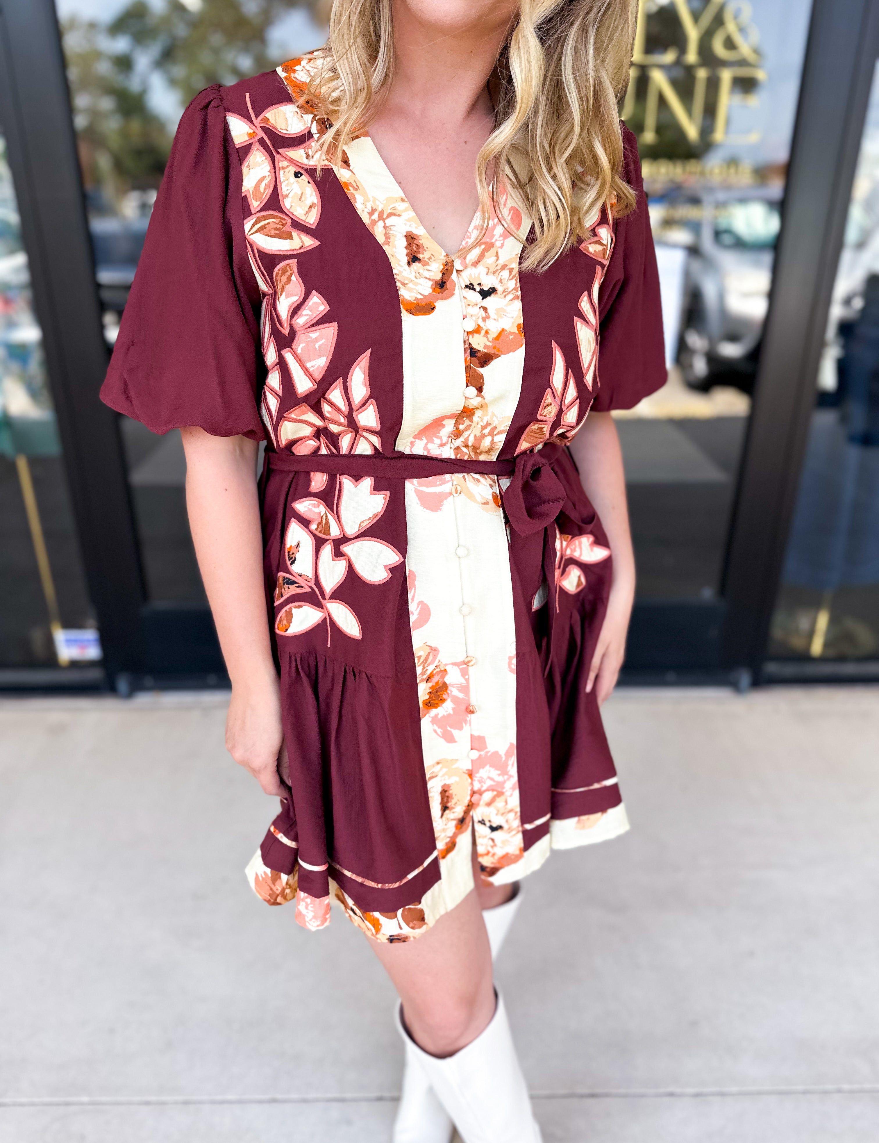 THML - Maroon Floral Mini Dress-510 Mini-THML-July & June Women's Fashion Boutique Located in San Antonio, Texas