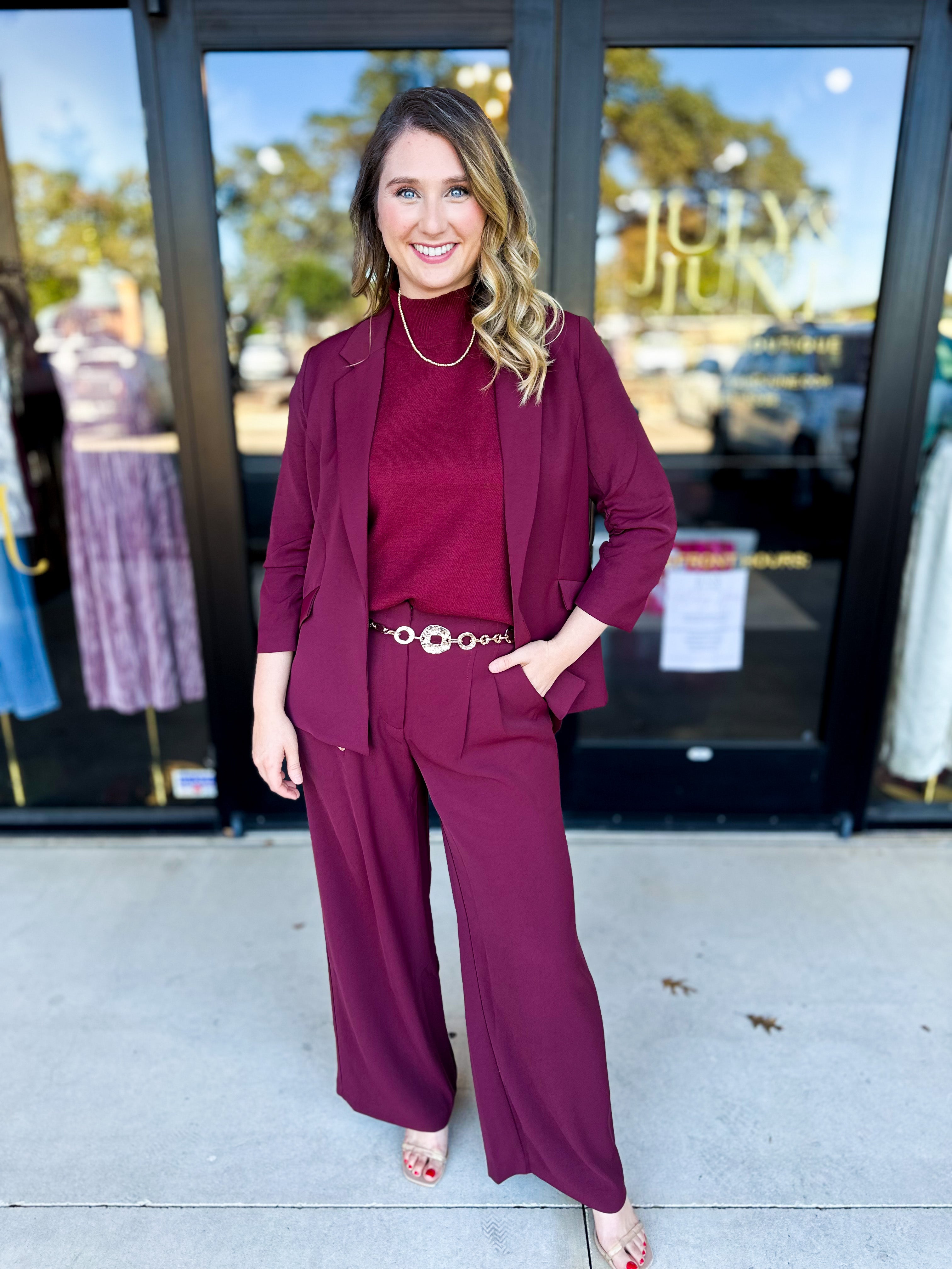 Wide Leg Trousers - Wine-400 Pants-SKIES ARE BLUE-July & June Women's Fashion Boutique Located in San Antonio, Texas