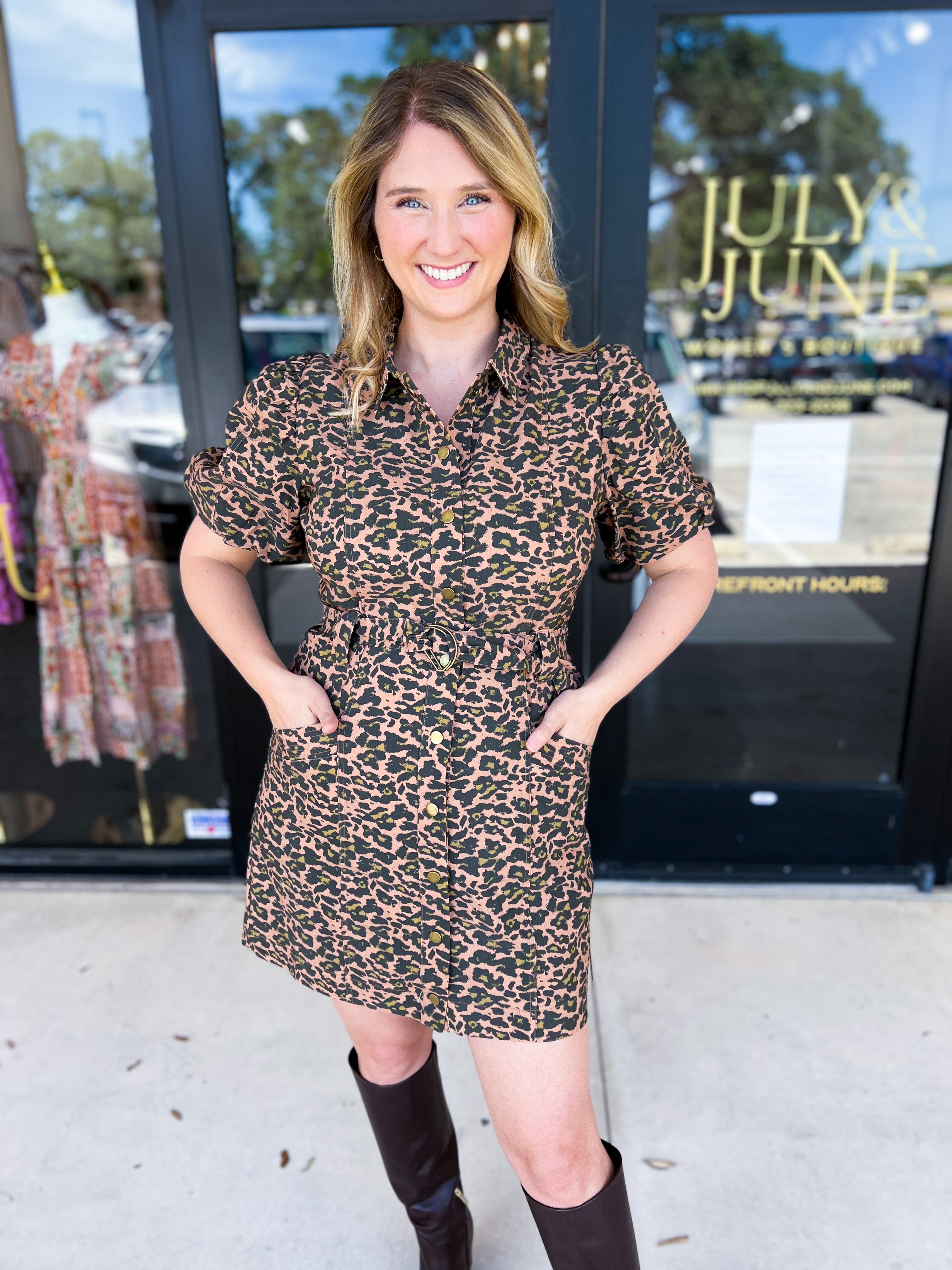 Olive Leopard Mini Dress-510 Mini-FATE-July & June Women's Fashion Boutique Located in San Antonio, Texas