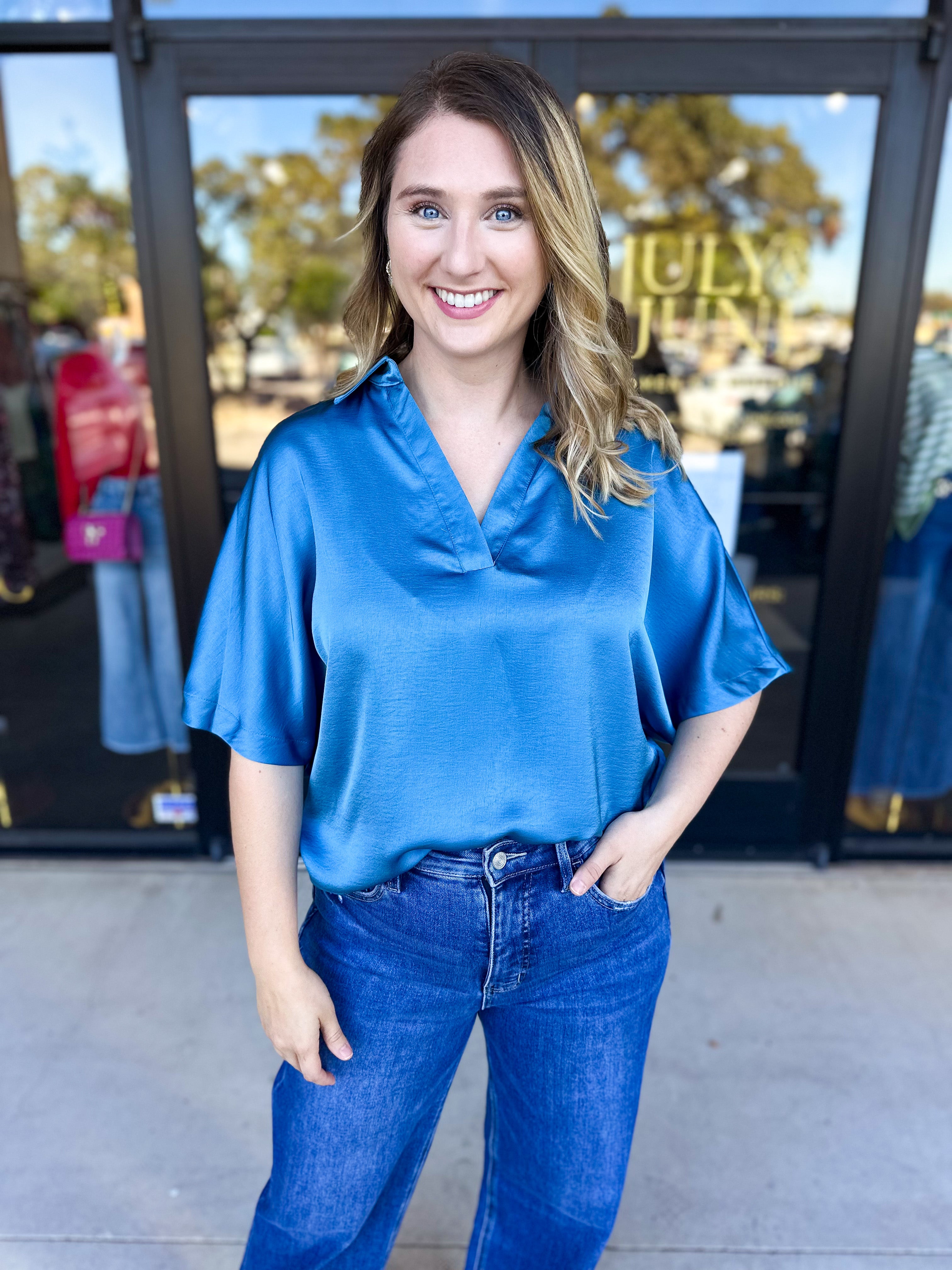 Pink Friday Doorbuster - Classic Satin Blouse - Blue - ONLINE-PINK FRIDAY DOORBUSTERS-GLAM-July & June Women's Fashion Boutique Located in San Antonio, Texas