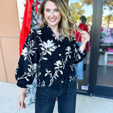 Ivory & Black Floral Blouse-200 Fashion Blouses-JODIFL-July & June Women's Fashion Boutique Located in San Antonio, Texas