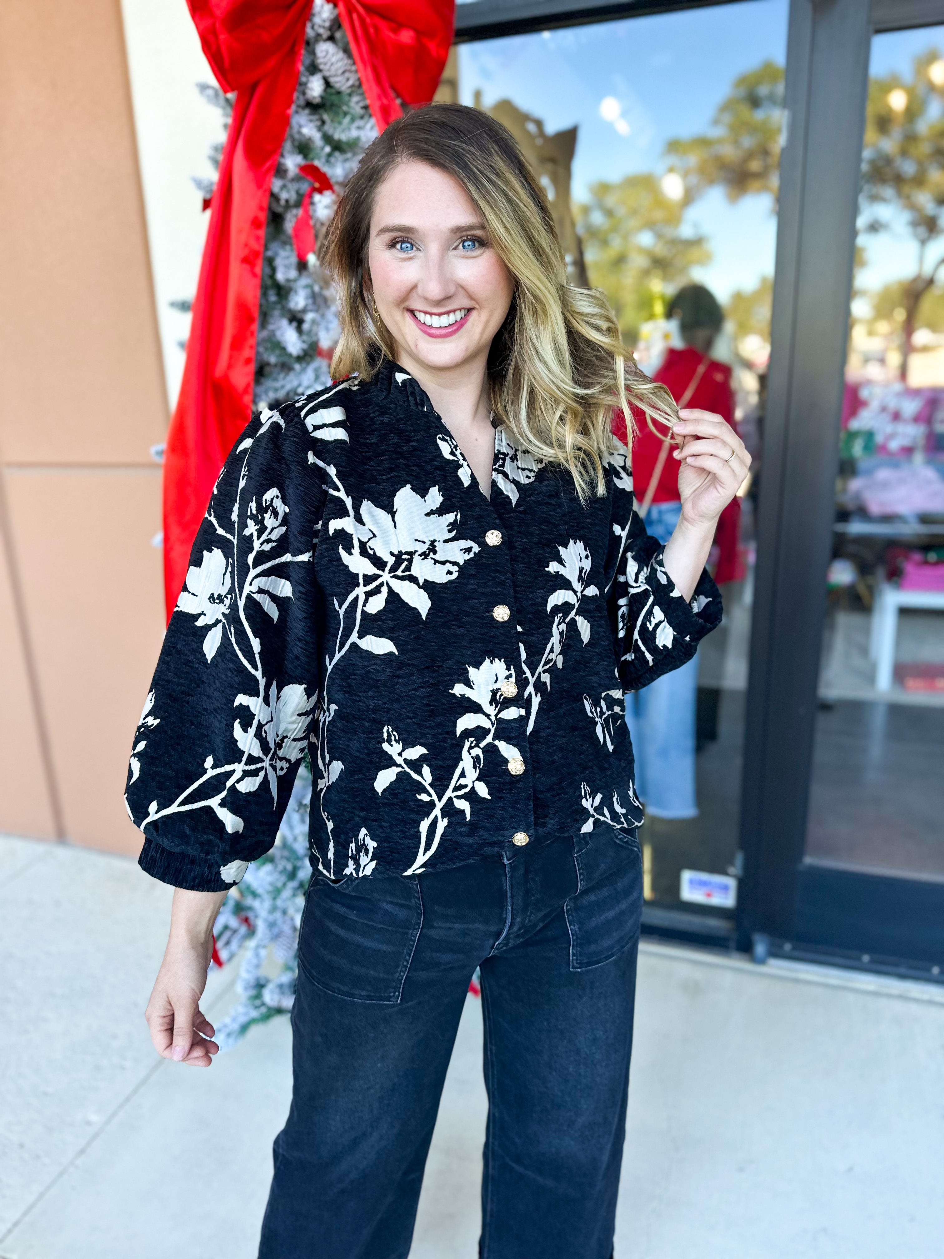 Ivory & Black Floral Blouse-200 Fashion Blouses-JODIFL-July & June Women's Fashion Boutique Located in San Antonio, Texas