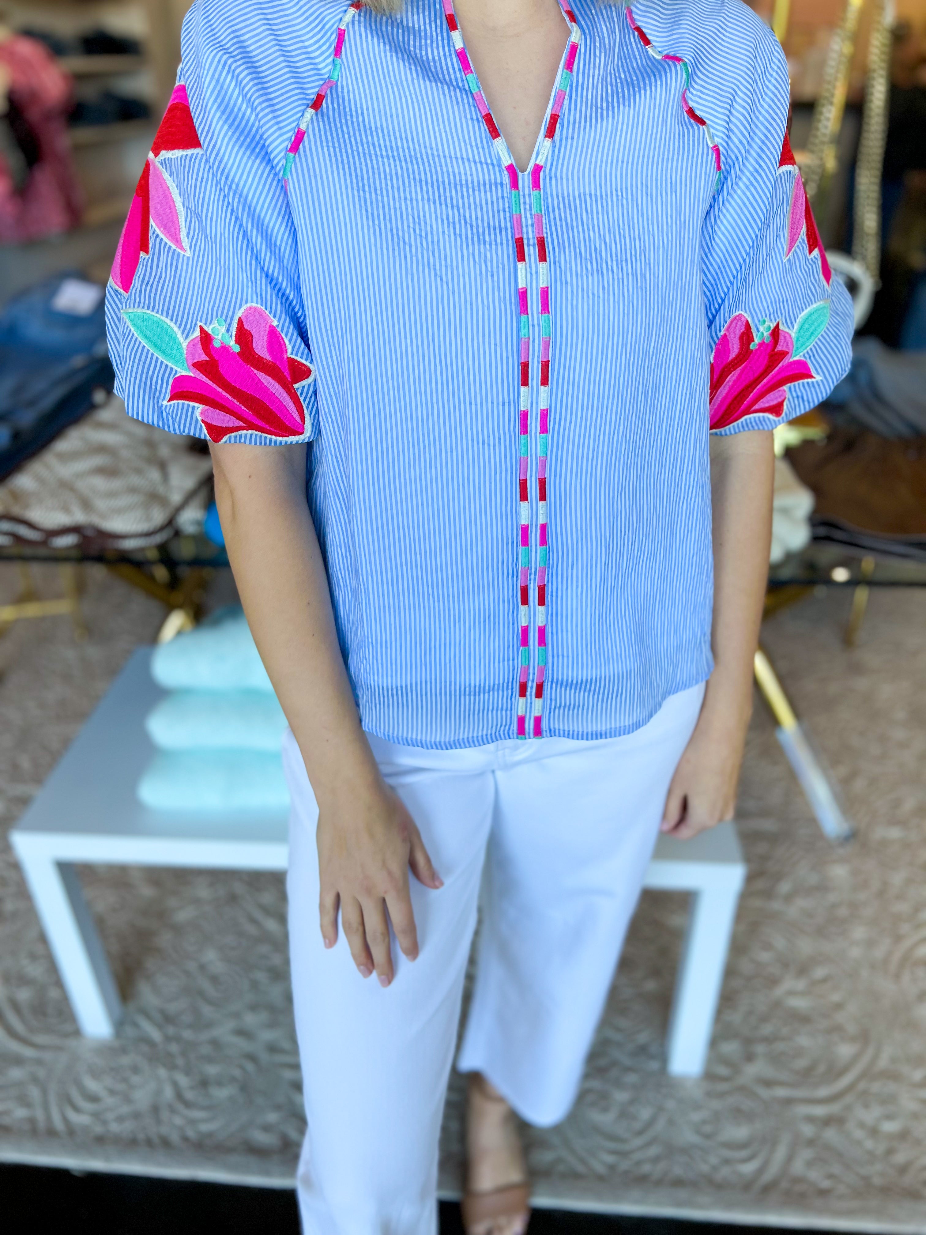 THML - Tropical Vibes Embroidered Blouse-200 Fashion Blouses-THML-July & June Women's Fashion Boutique Located in San Antonio, Texas