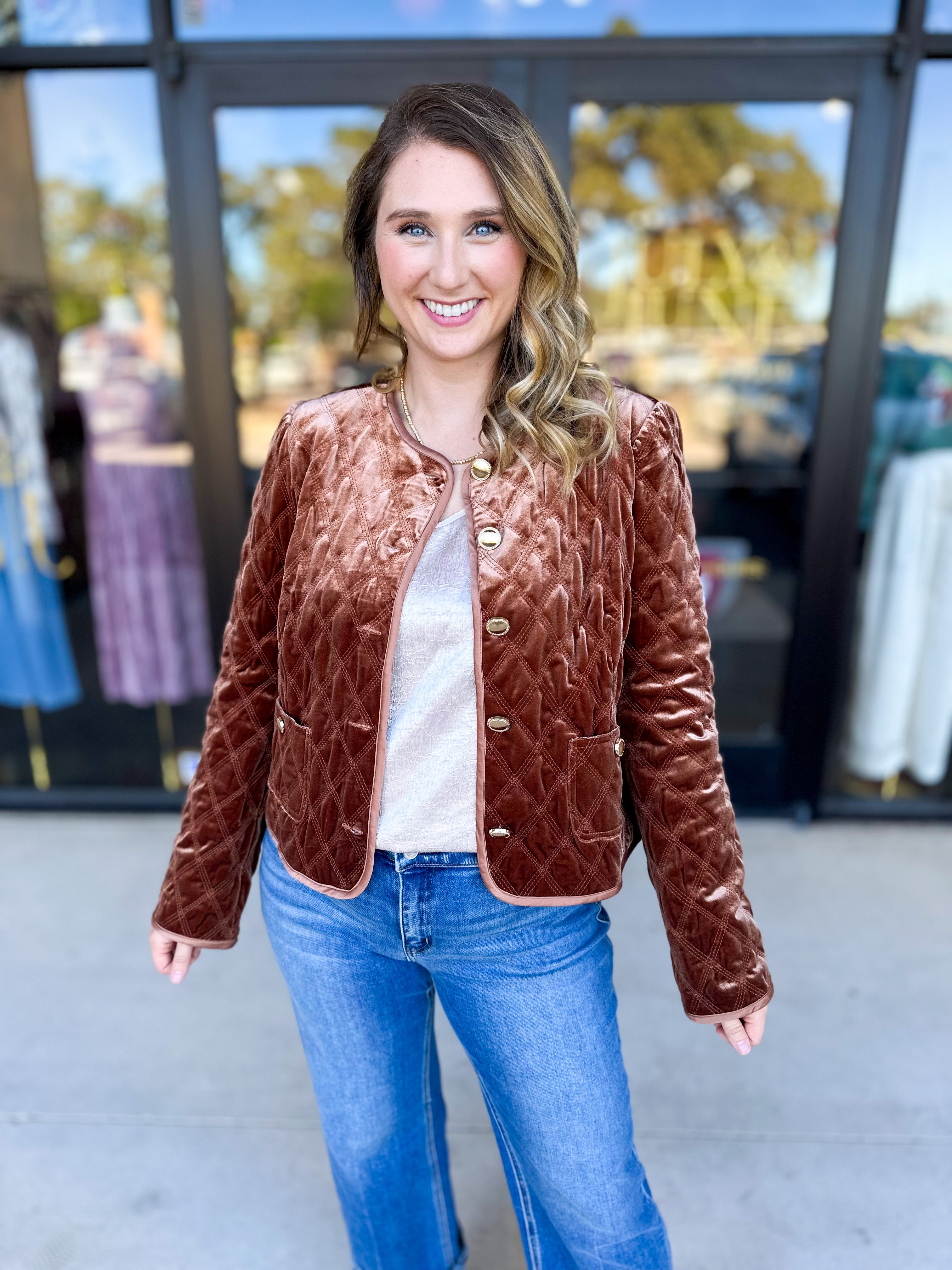 Golden Quilted Jacket-600 Outerwear-FATE-July & June Women's Fashion Boutique Located in San Antonio, Texas