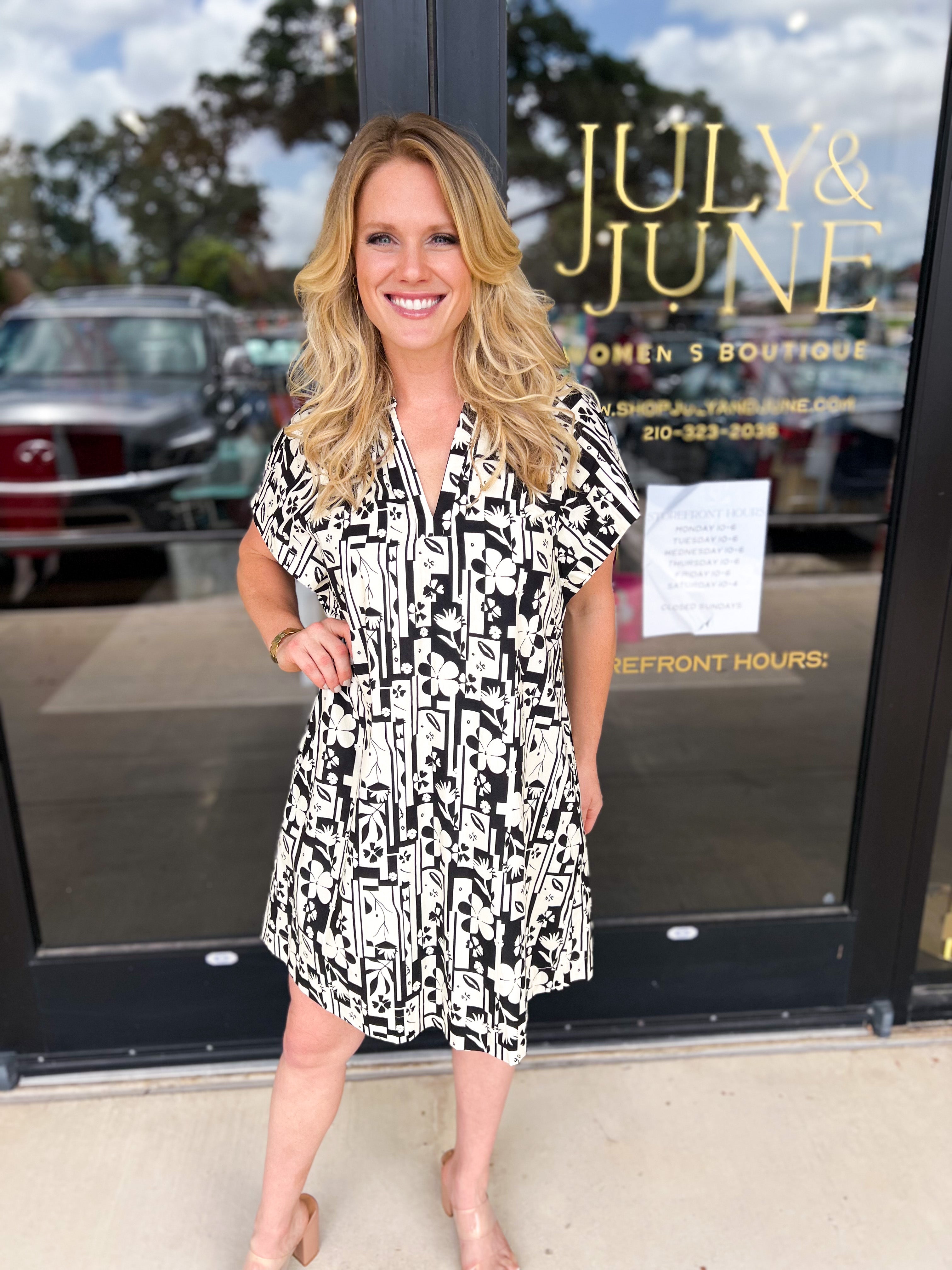 Black & White Abstract Mini Dress-510 Mini-PINCH-July & June Women's Fashion Boutique Located in San Antonio, Texas