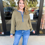 Olive & Denim Details Long Sleeve Top-210 Casual Blouses-JODIFL-July & June Women's Fashion Boutique Located in San Antonio, Texas