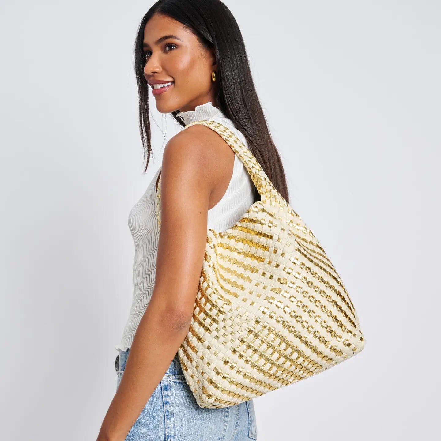 Ellery Mixed Woven Hobo Bag - Gold-130 ACCESSORIES-Moda Luxe-July & June Women's Fashion Boutique Located in San Antonio, Texas
