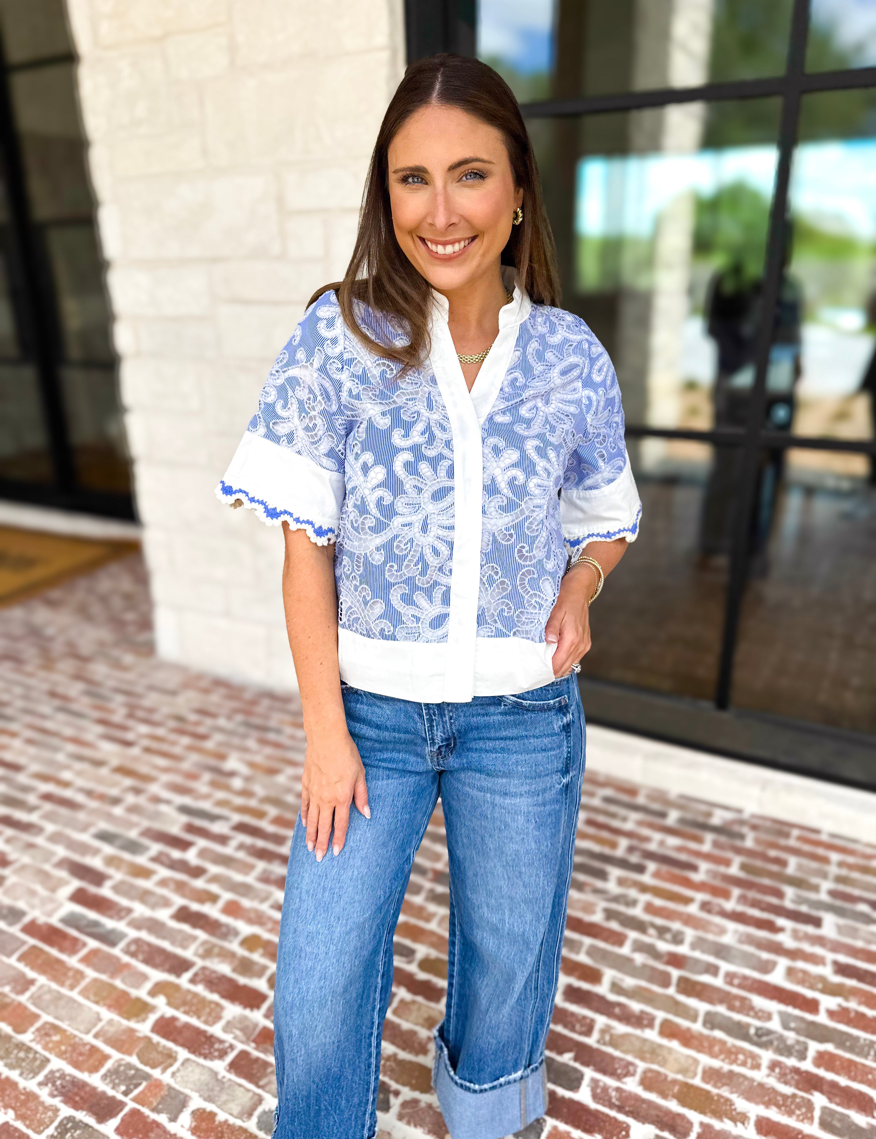THML - Blue & Ivory Crochet Blouse-200 Fashion Blouses-THML-July & June Women's Fashion Boutique Located in San Antonio, Texas