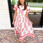 Red Paisley Midi Dress-500 Midi-ENTRO-July & June Women's Fashion Boutique Located in San Antonio, Texas