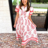 Red Paisley Midi Dress-500 Midi-ENTRO-July & June Women's Fashion Boutique Located in San Antonio, Texas