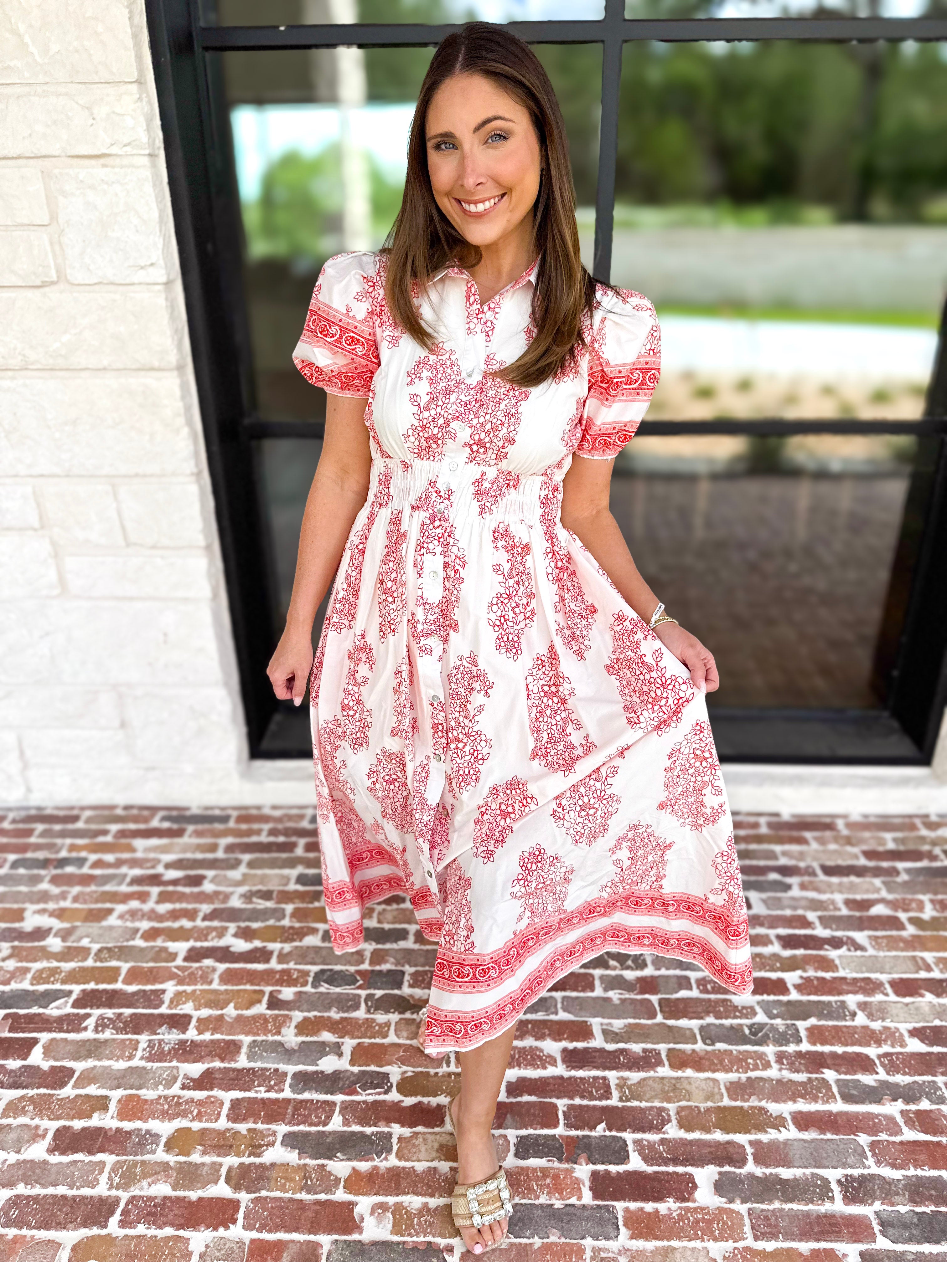 Red Paisley Midi Dress-500 Midi-ENTRO-July & June Women's Fashion Boutique Located in San Antonio, Texas