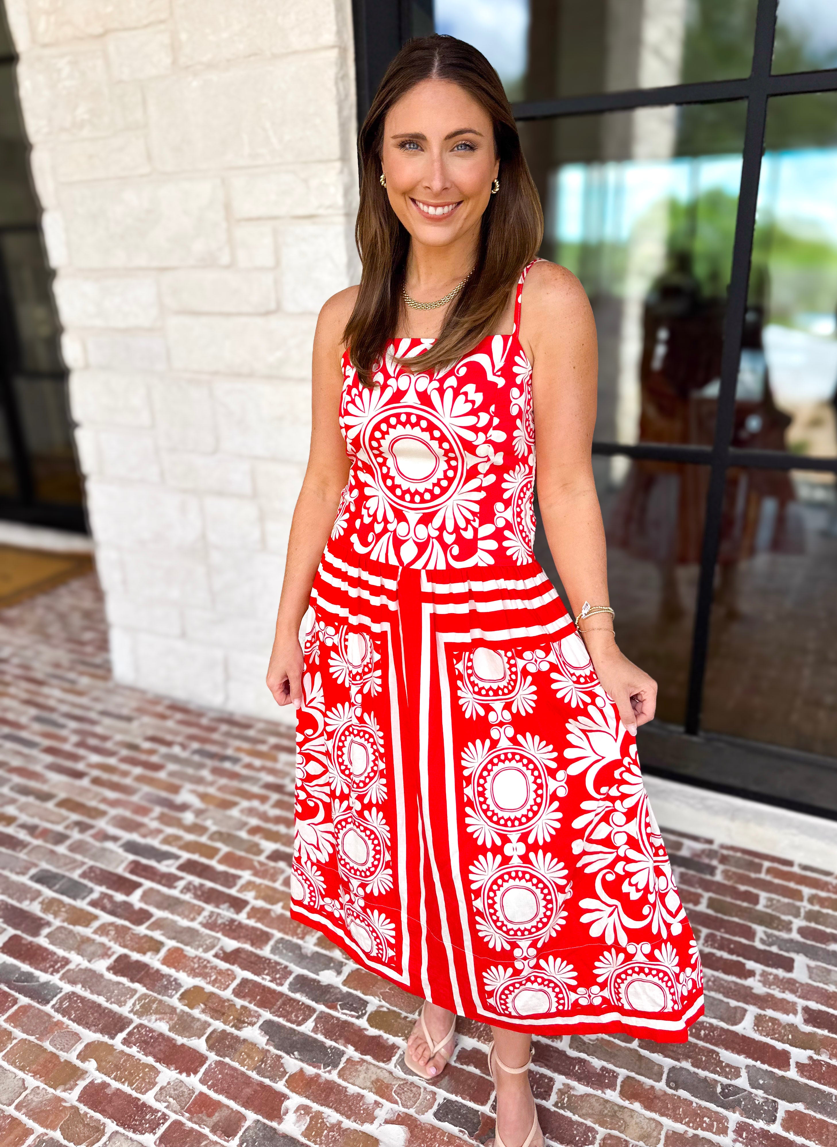 Red Sunburst Midi Dress-500 Midi-FATE-July & June Women's Fashion Boutique Located in San Antonio, Texas