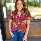 Pink & Chocolate Floral Blouse-200 Fashion Blouses-TCEC-July & June Women's Fashion Boutique Located in San Antonio, Texas