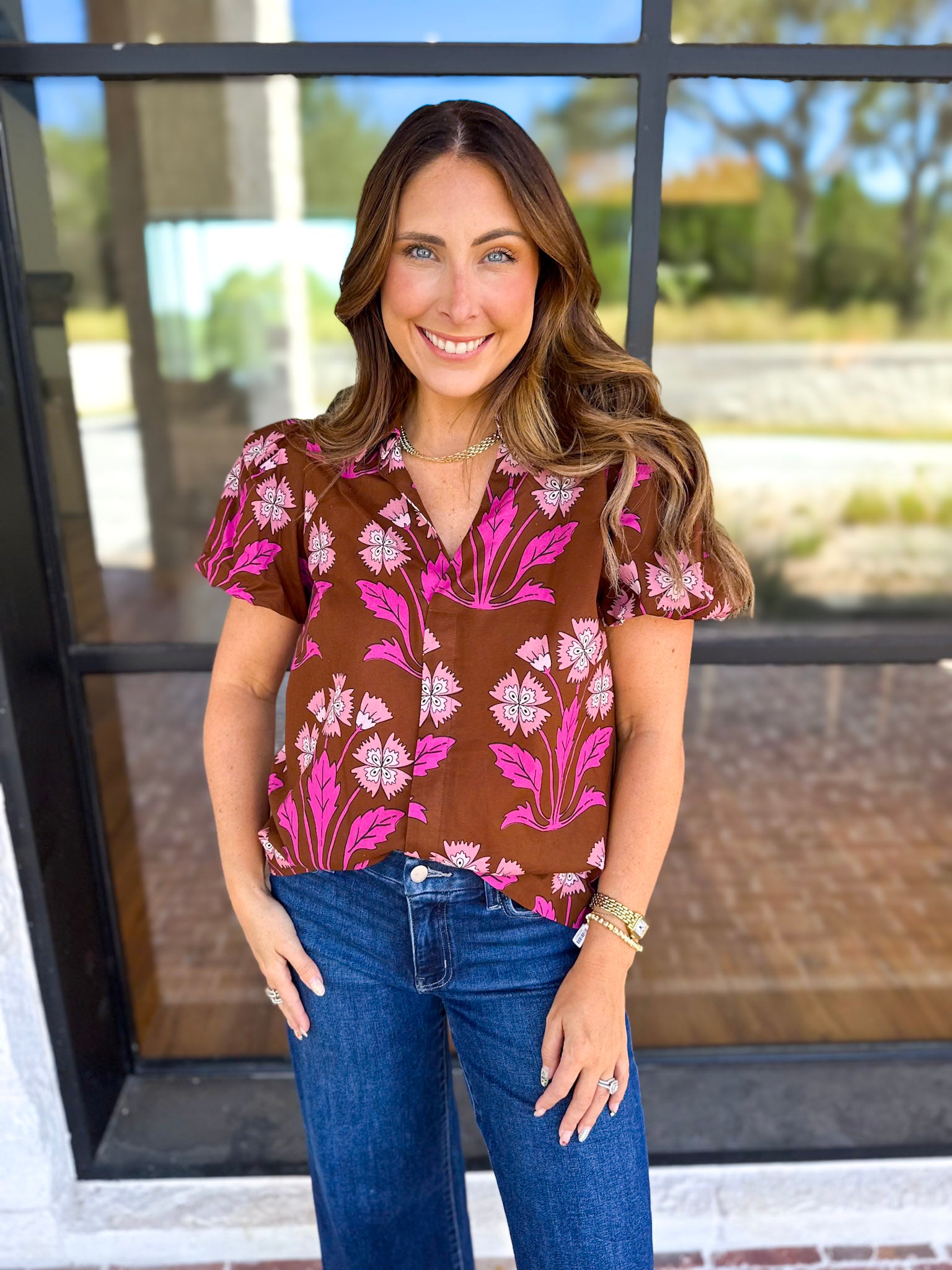 Pink & Chocolate Floral Blouse-200 Fashion Blouses-TCEC-July & June Women's Fashion Boutique Located in San Antonio, Texas