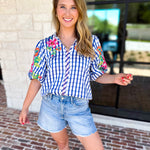 THML - Blue Gingham & Floral Embroidered Blouse-200 Fashion Blouses-THML-July & June Women's Fashion Boutique Located in San Antonio, Texas