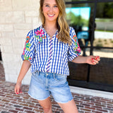 THML - Blue Gingham & Floral Embroidered Blouse-200 Fashion Blouses-THML-July & June Women's Fashion Boutique Located in San Antonio, Texas