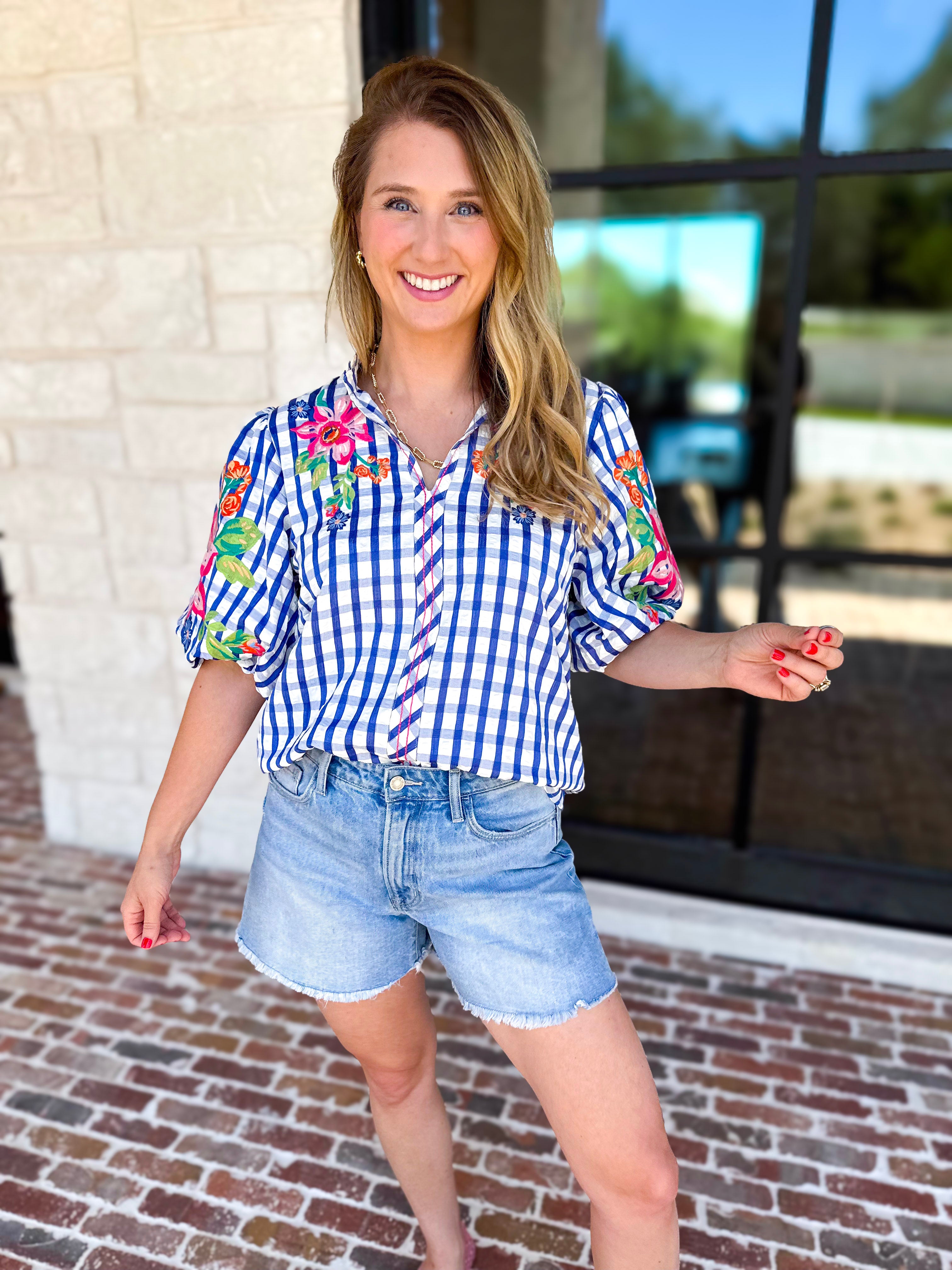 THML - Blue Gingham & Floral Embroidered Blouse-200 Fashion Blouses-THML-July & June Women's Fashion Boutique Located in San Antonio, Texas