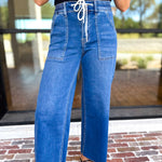 Vervet - High Rise Drawstring Wide Leg Comfy jeans-420 Denim-VEVERT BY FLYING MONKEY-July & June Women's Fashion Boutique Located in San Antonio, Texas
