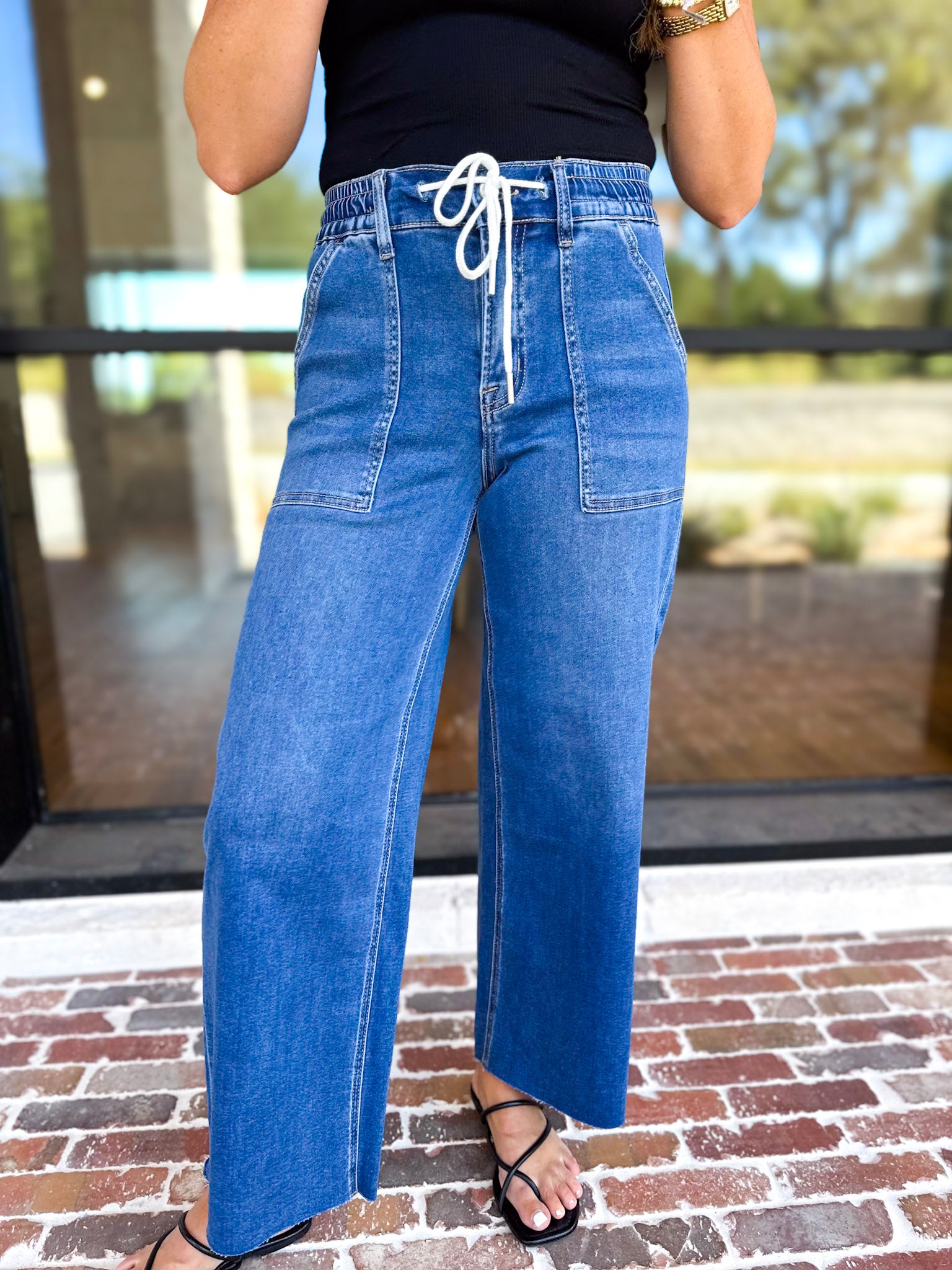 Vervet - High Rise Drawstring Wide Leg Comfy jeans-420 Denim-VEVERT BY FLYING MONKEY-July & June Women's Fashion Boutique Located in San Antonio, Texas