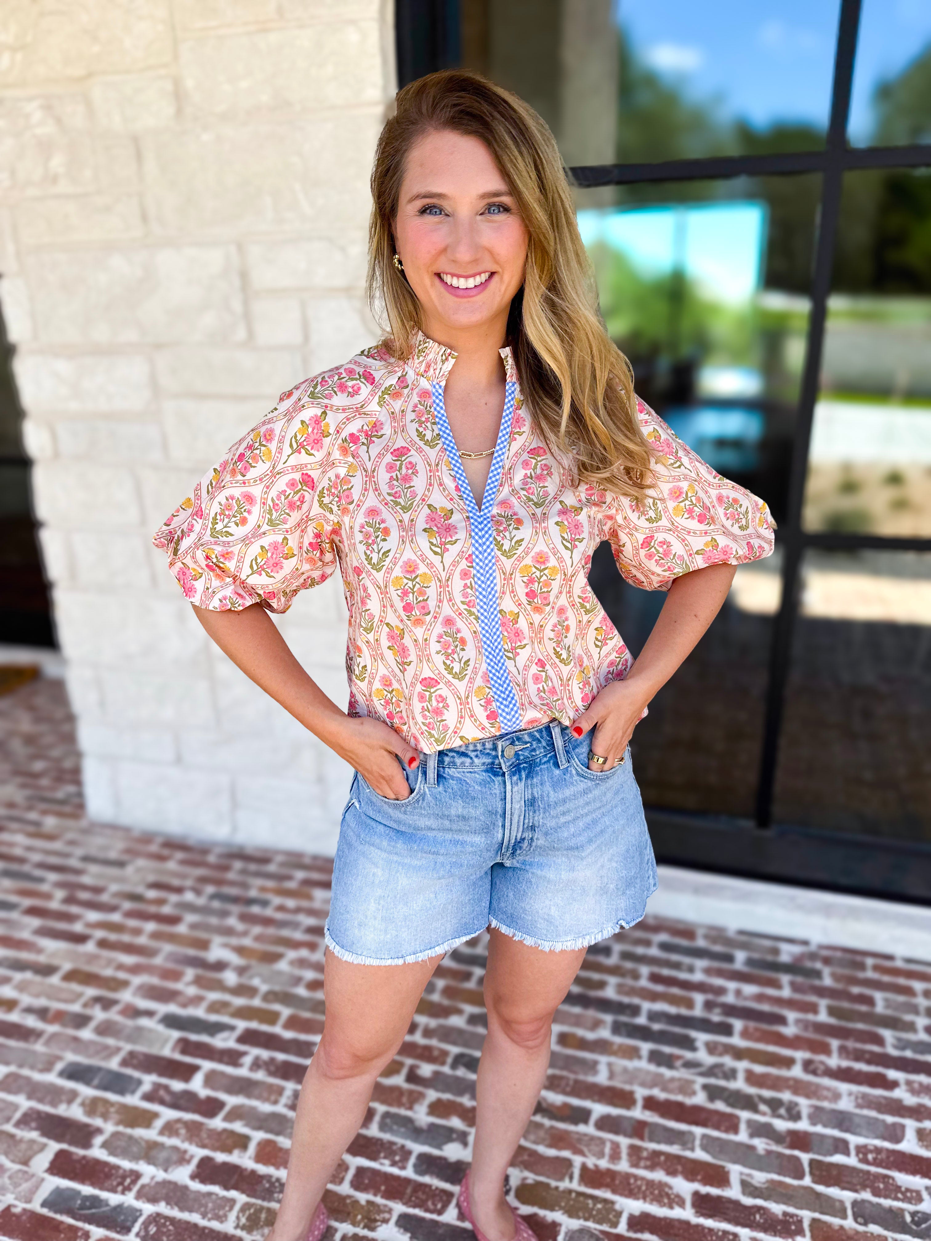 THML - Pink & Yellow Florals Blouse-200 Fashion Blouses-THML-July & June Women's Fashion Boutique Located in San Antonio, Texas