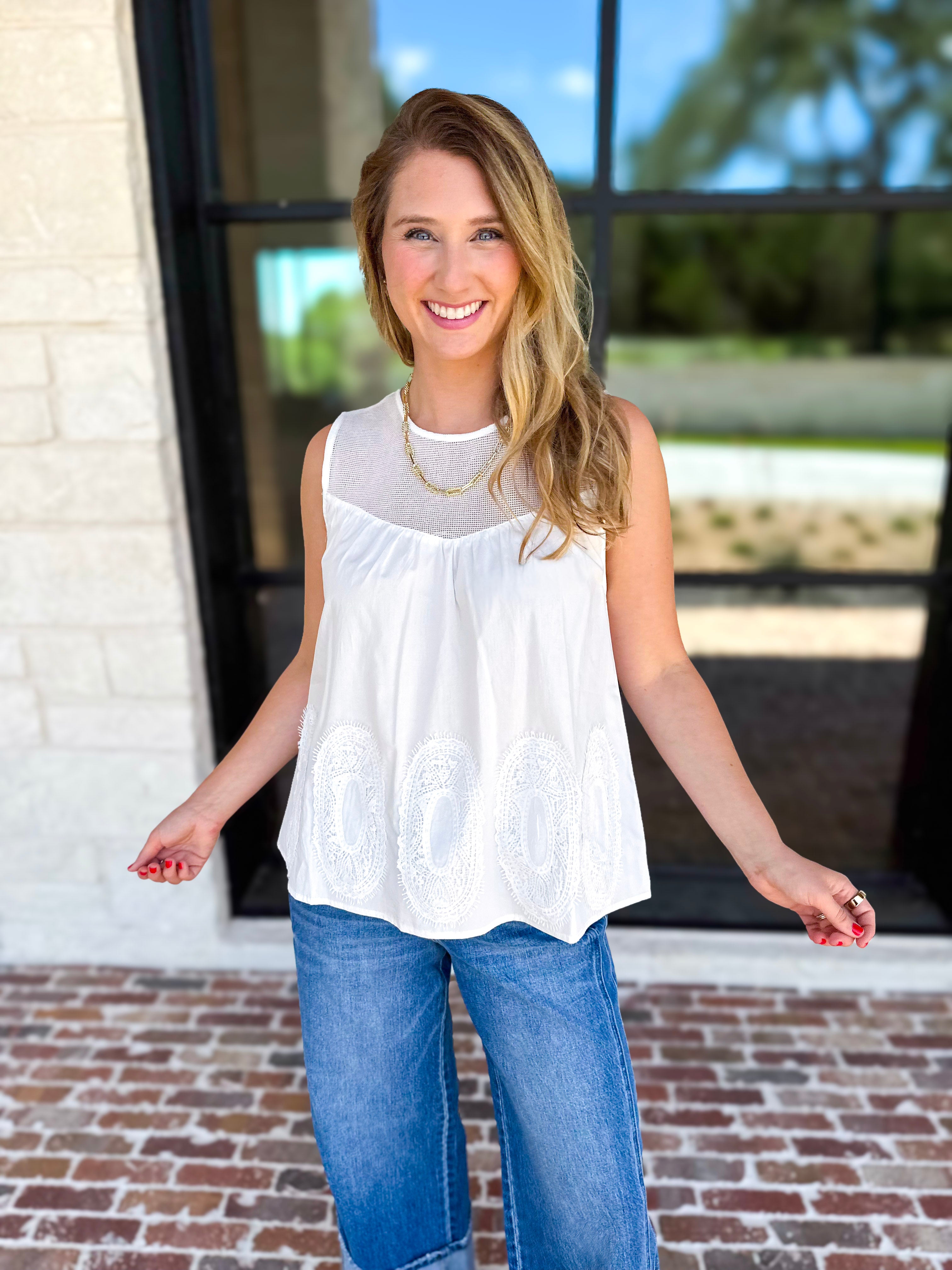 Sheer Details Tank - White-200 Fashion Blouses-FATE-July & June Women's Fashion Boutique Located in San Antonio, Texas