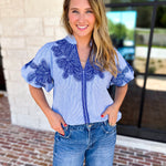 THML - Classic Blue Embroidered Blouse-200 Fashion Blouses-THML-July & June Women's Fashion Boutique Located in San Antonio, Texas