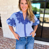 THML - Classic Blue Embroidered Blouse-200 Fashion Blouses-THML-July & June Women's Fashion Boutique Located in San Antonio, Texas
