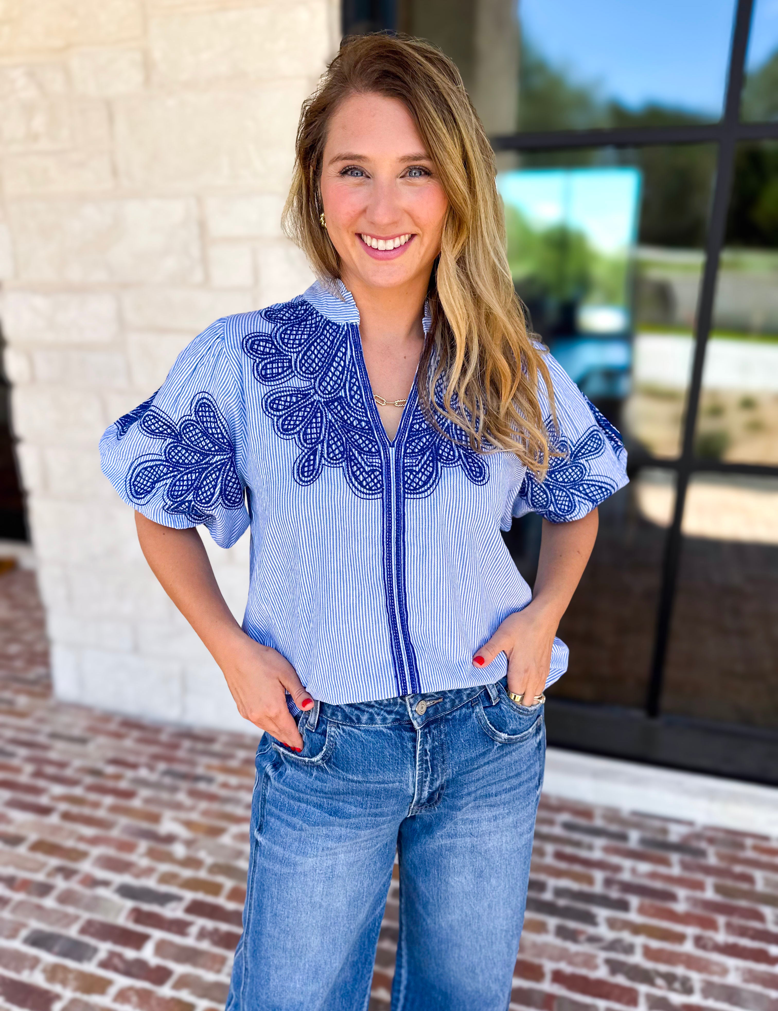 THML - Classic Blue Embroidered Blouse-200 Fashion Blouses-THML-July & June Women's Fashion Boutique Located in San Antonio, Texas