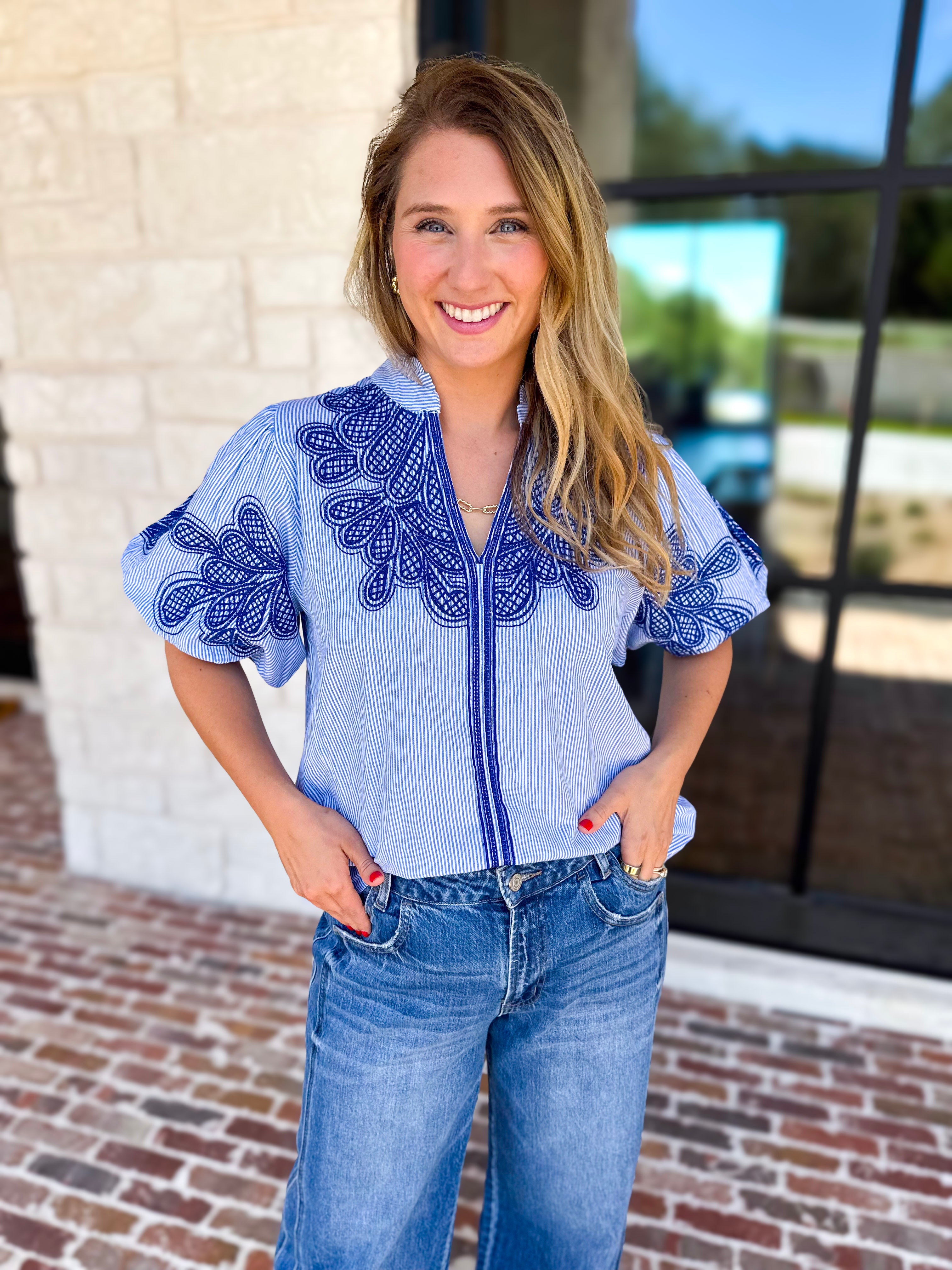 THML - Classic Blue Embroidered Blouse-200 Fashion Blouses-THML-July & June Women's Fashion Boutique Located in San Antonio, Texas