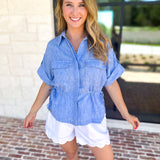 Light Blue Utility Blouse-200 Fashion Blouses-SKIES ARE BLUE-July & June Women's Fashion Boutique Located in San Antonio, Texas