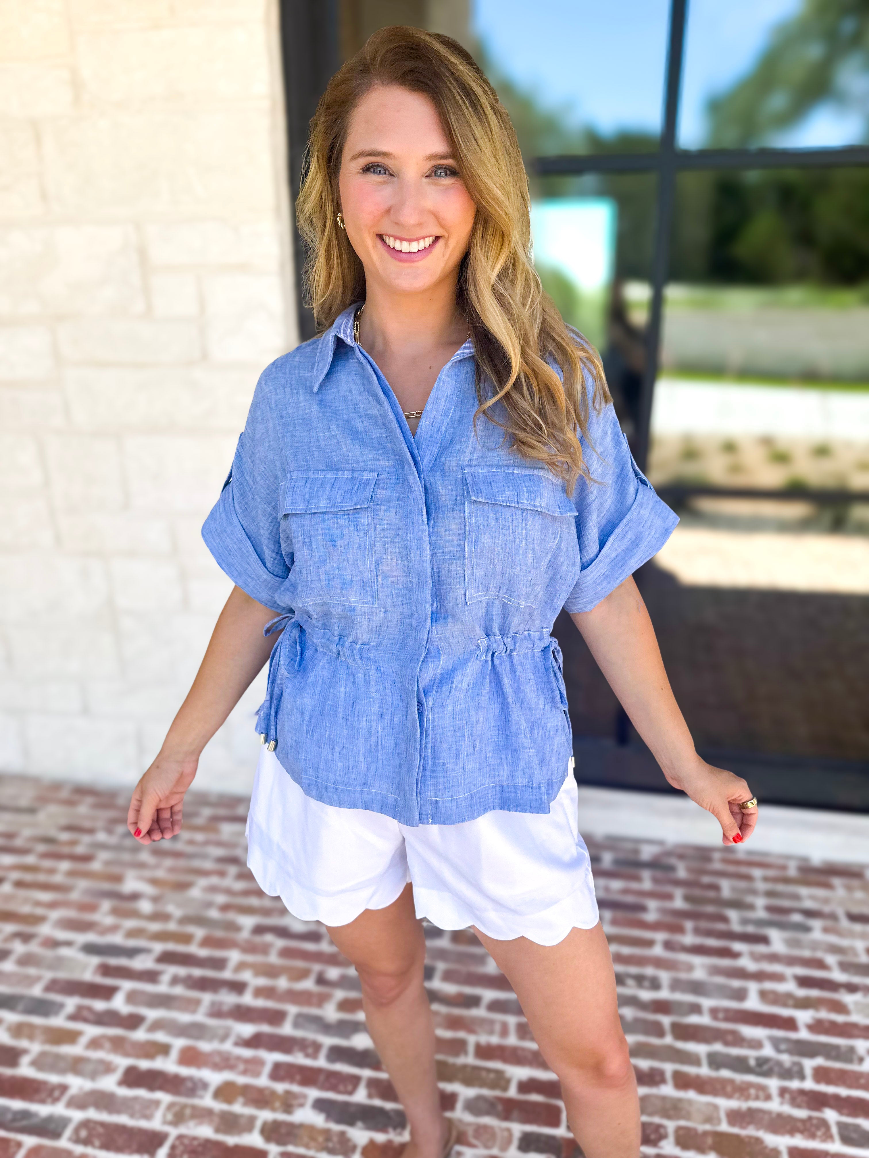 Light Blue Utility Blouse-200 Fashion Blouses-SKIES ARE BLUE-July & June Women's Fashion Boutique Located in San Antonio, Texas