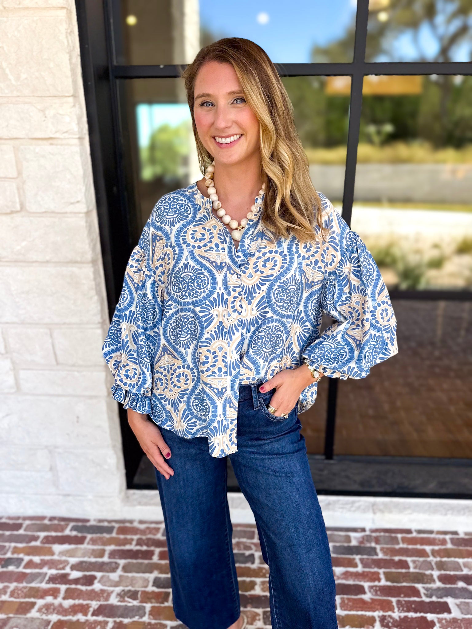 Salty Air Bubble Sleeve Blouse-200 Fashion Blouses-FATE-July & June Women's Fashion Boutique Located in San Antonio, Texas