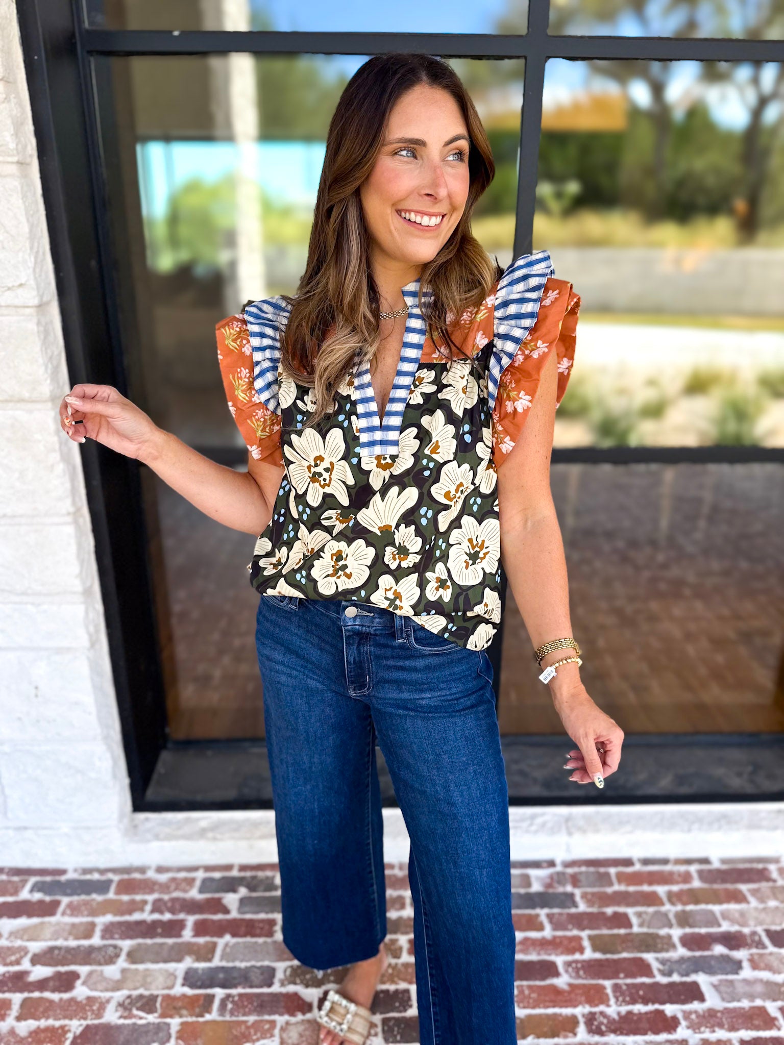 THML - Harvest Florals Ruffle Sleeve Blouse-200 Fashion Blouses-THML-July & June Women's Fashion Boutique Located in San Antonio, Texas