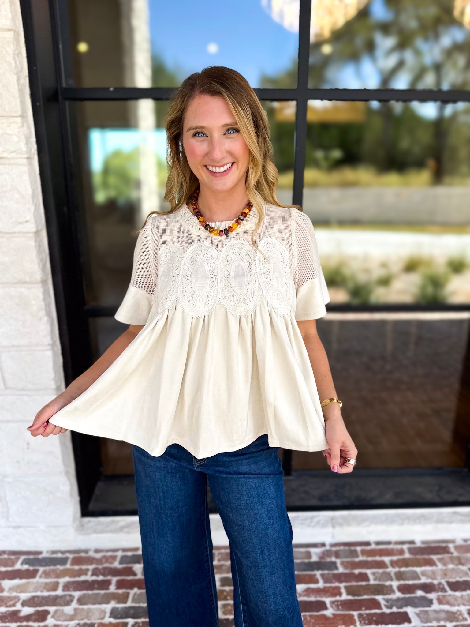 Lace Details Suede Blouse-200 Fashion Blouses-FATE-July & June Women's Fashion Boutique Located in San Antonio, Texas
