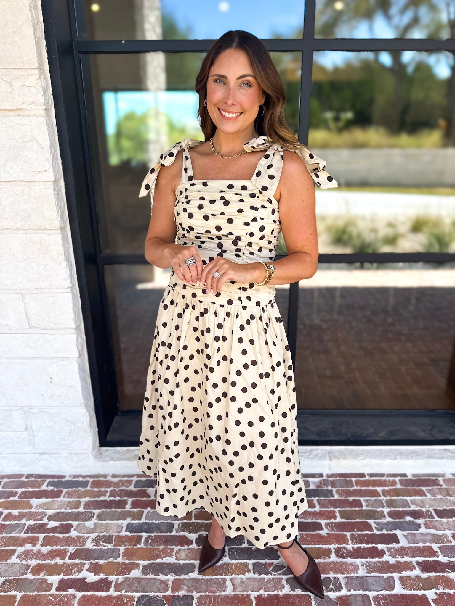 Ruched Polka Dot Midi Dress-500 Midi-ENTRO-July & June Women's Fashion Boutique Located in San Antonio, Texas