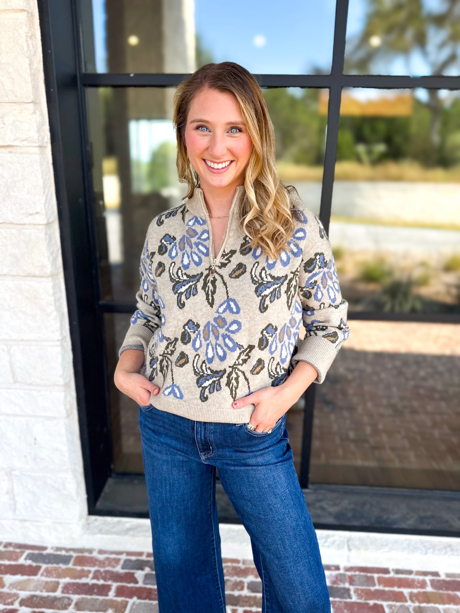 Current Air - Barley & Blue Floral Half Zip Sweater-230 Sweaters/Cardis-CURRENT AIR CLOTHING-July & June Women's Fashion Boutique Located in San Antonio, Texas