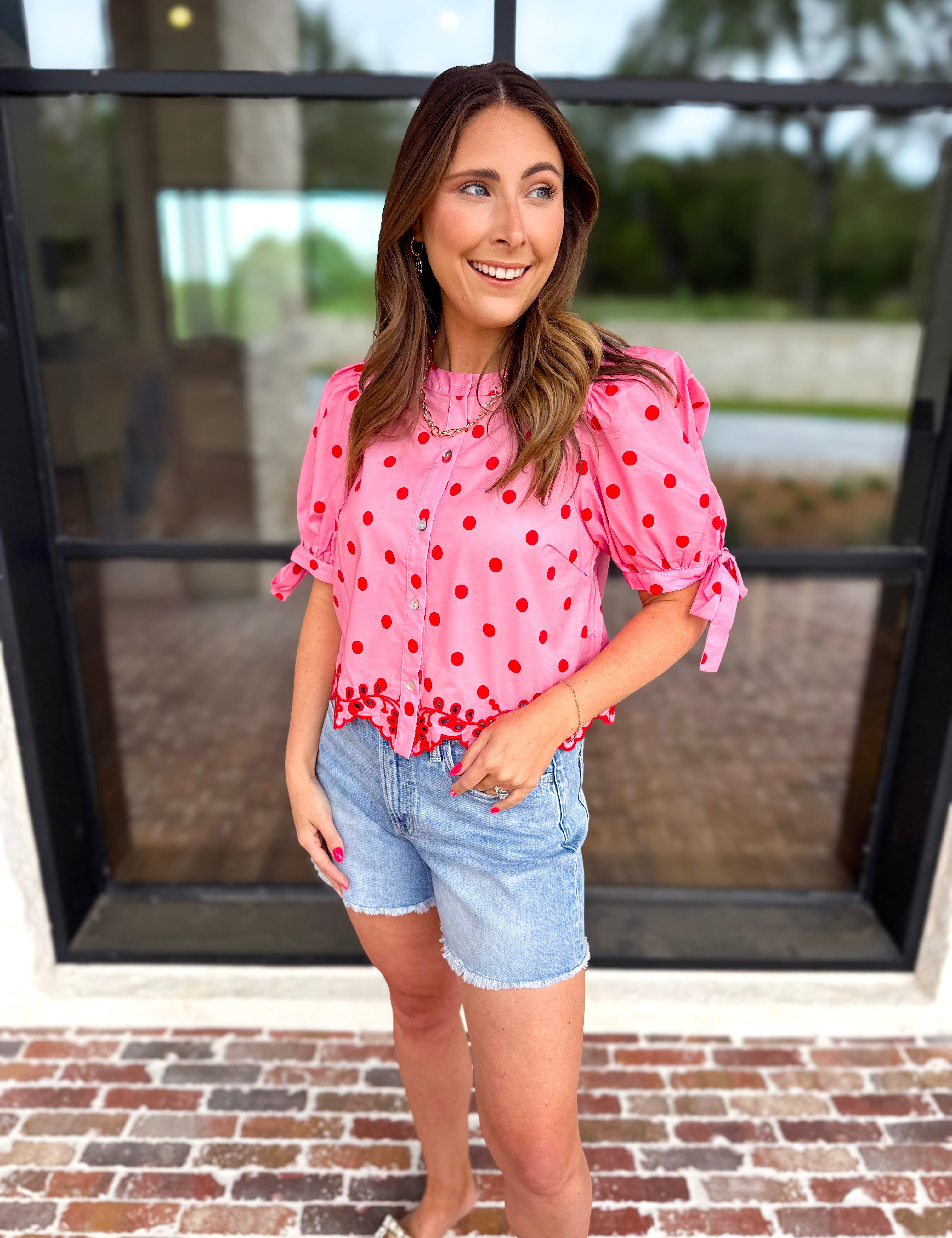 Polka Dot Chic Blouse - Red & Pink-200 Fashion Blouses-ENTRO-July & June Women's Fashion Boutique Located in San Antonio, Texas