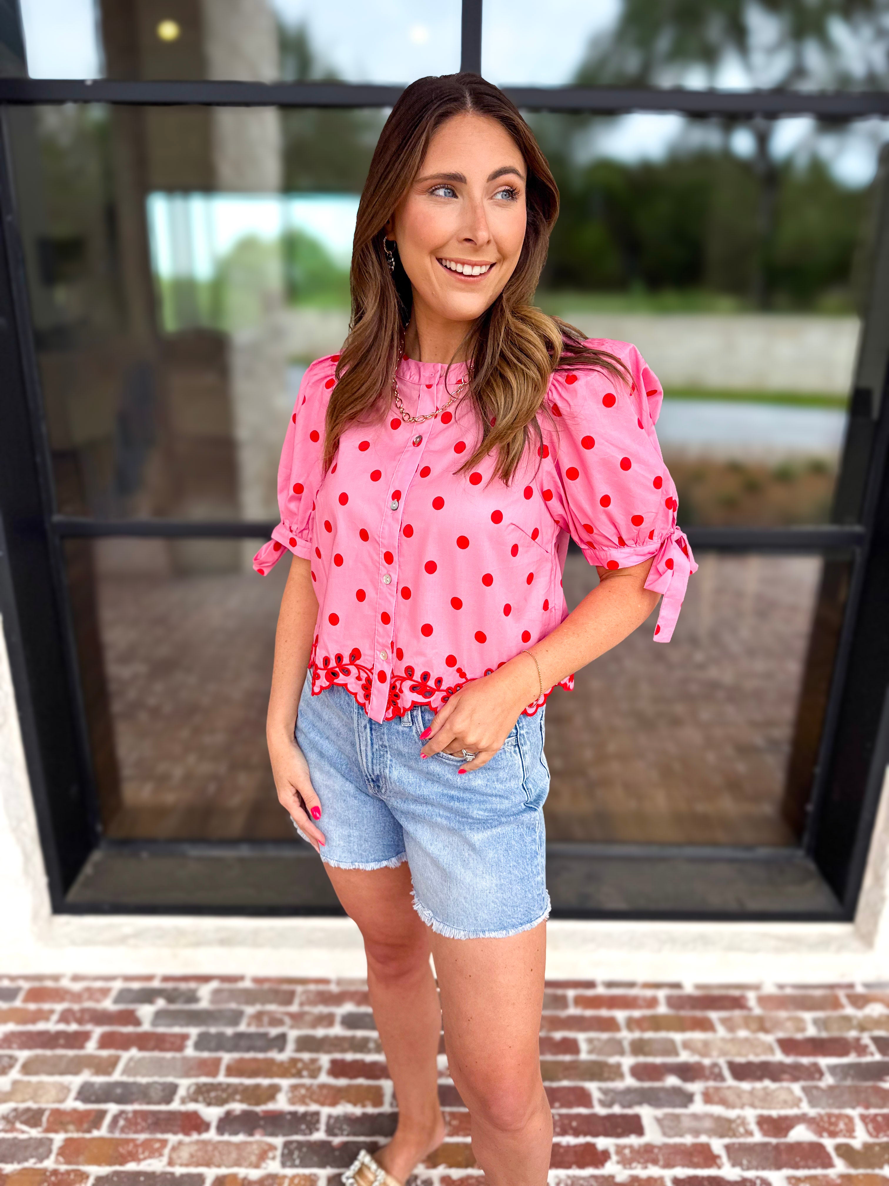 Polka Dot Chic Blouse - Red & Pink-200 Fashion Blouses-ENTRO-July & June Women's Fashion Boutique Located in San Antonio, Texas