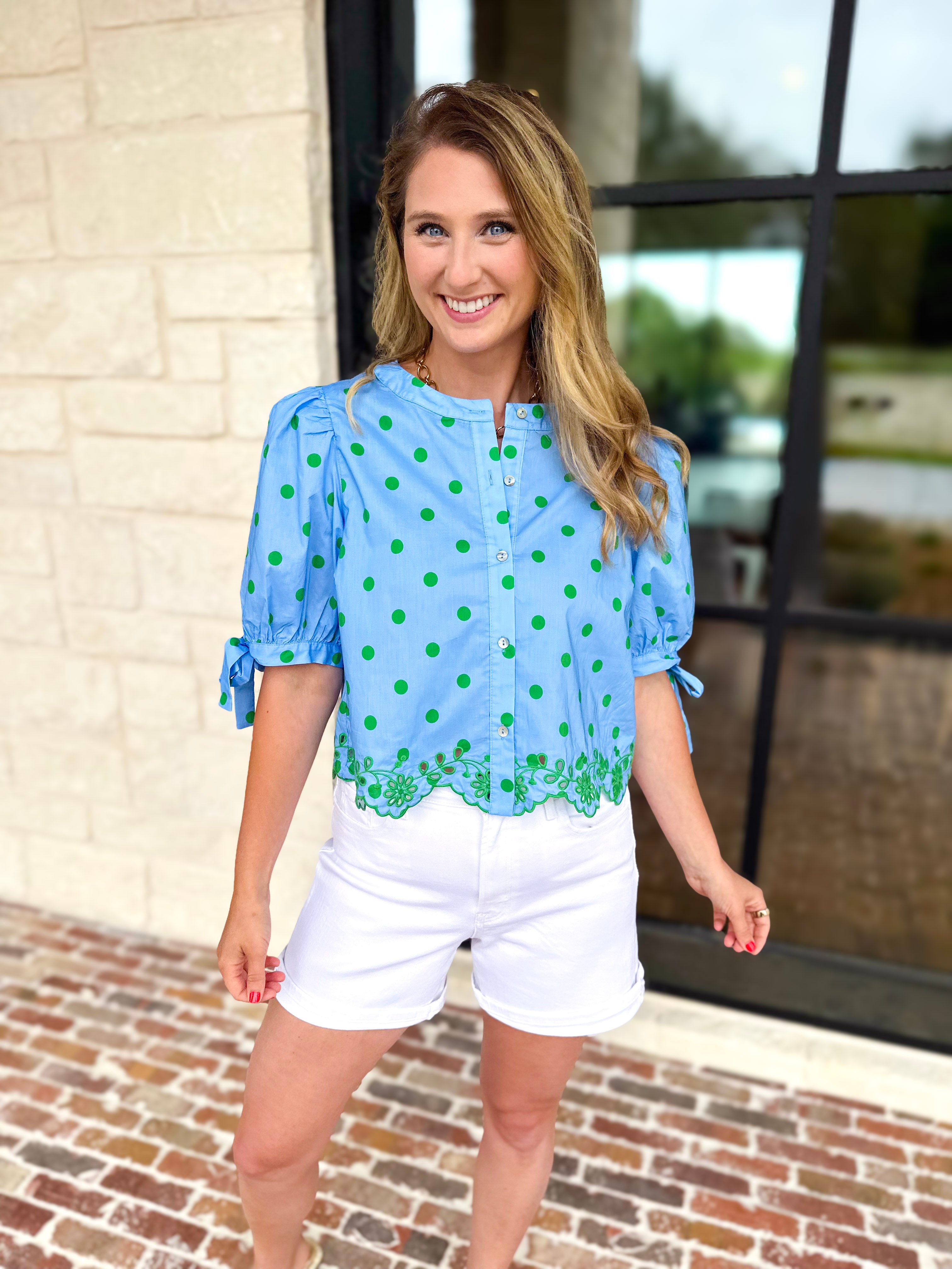Polka Dot Chic Blouse - Green & Blue-200 Fashion Blouses-ENTRO-July & June Women's Fashion Boutique Located in San Antonio, Texas