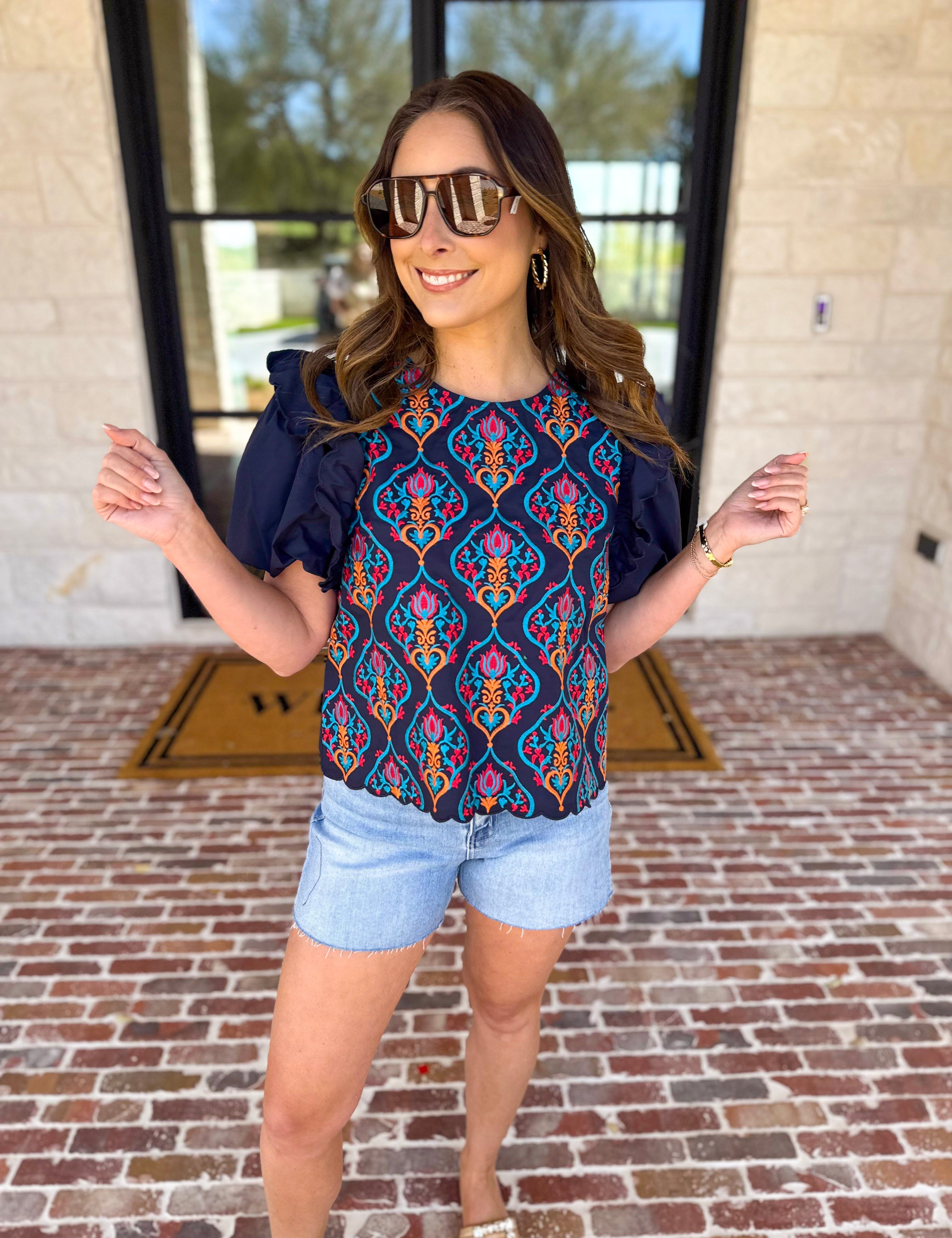 Spring Celebration Blouse - Navy-200 Fashion Blouses-JODIFL-July & June Women's Fashion Boutique Located in San Antonio, Texas