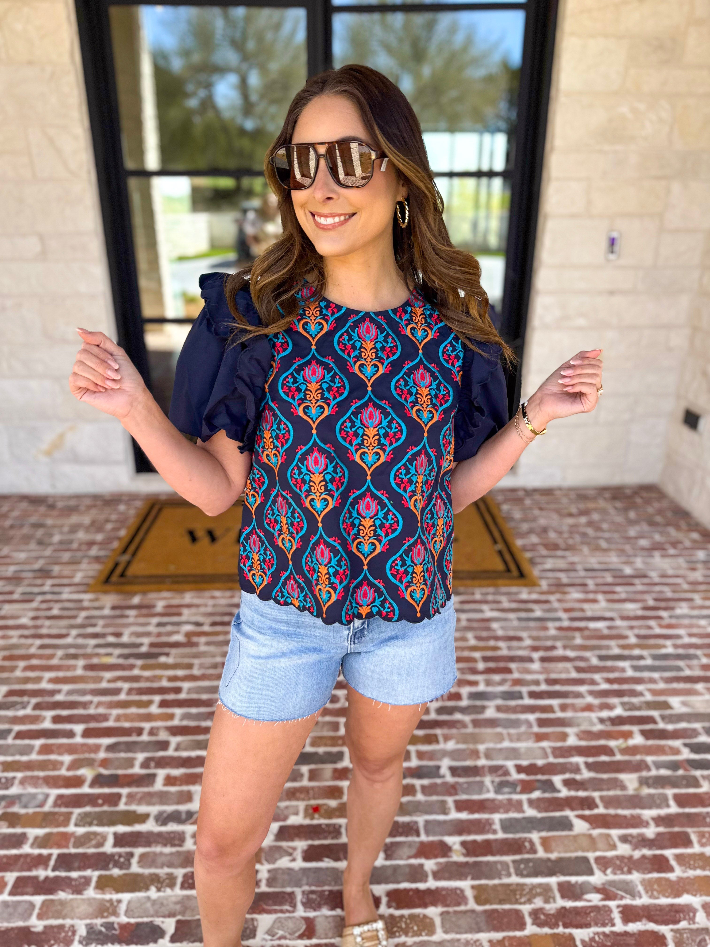 Spring Celebration Blouse - Navy-200 Fashion Blouses-JODIFL-July & June Women's Fashion Boutique Located in San Antonio, Texas