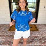 THML - The Riverwalk Embroidered Blouse - Blue-200 Fashion Blouses-THML-July & June Women's Fashion Boutique Located in San Antonio, Texas