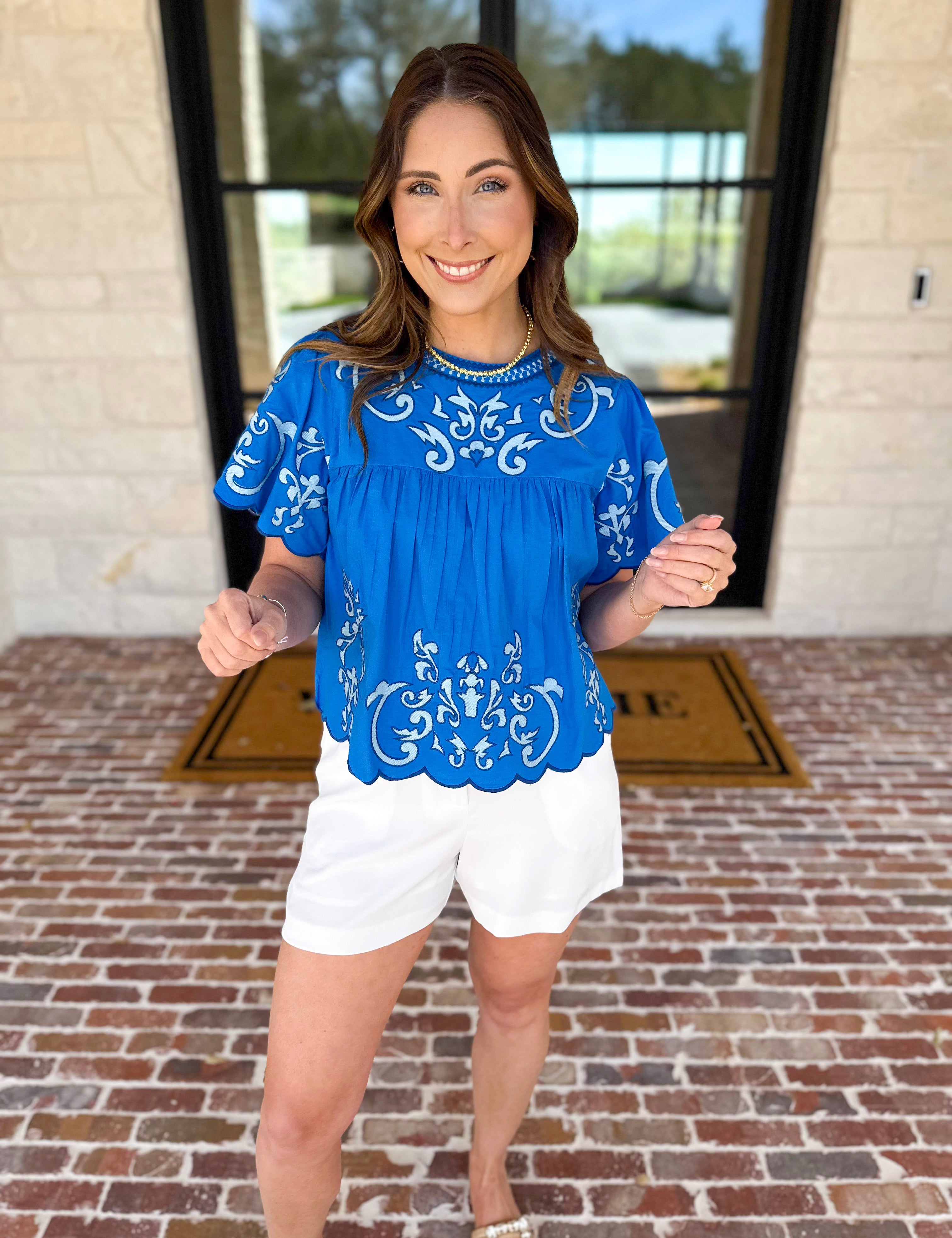 THML - The Riverwalk Embroidered Blouse - Blue-200 Fashion Blouses-THML-July & June Women's Fashion Boutique Located in San Antonio, Texas