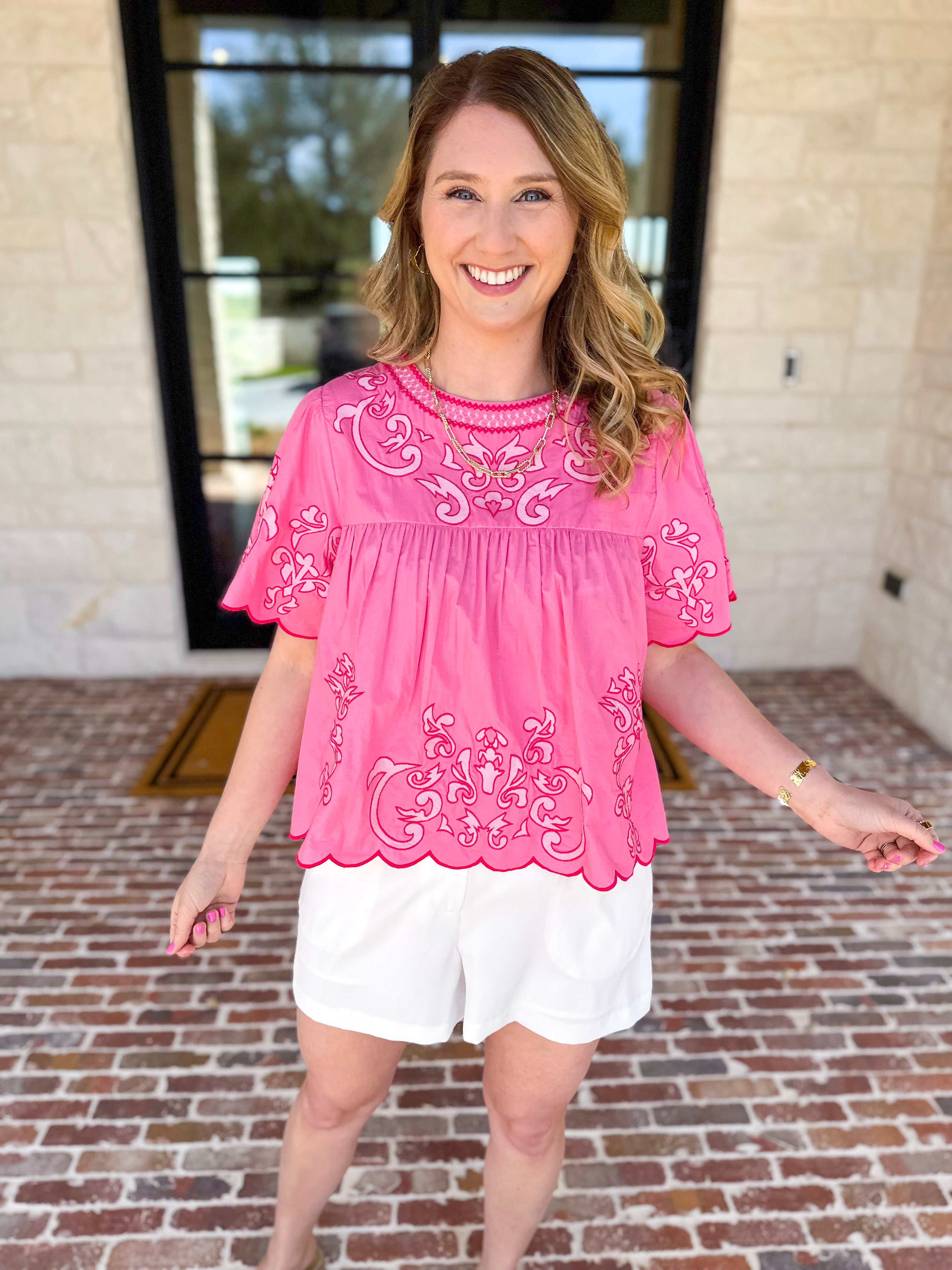 THML - The Riverwalk Embroidered Blouse - Pink-200 Fashion Blouses-THML-July & June Women's Fashion Boutique Located in San Antonio, Texas